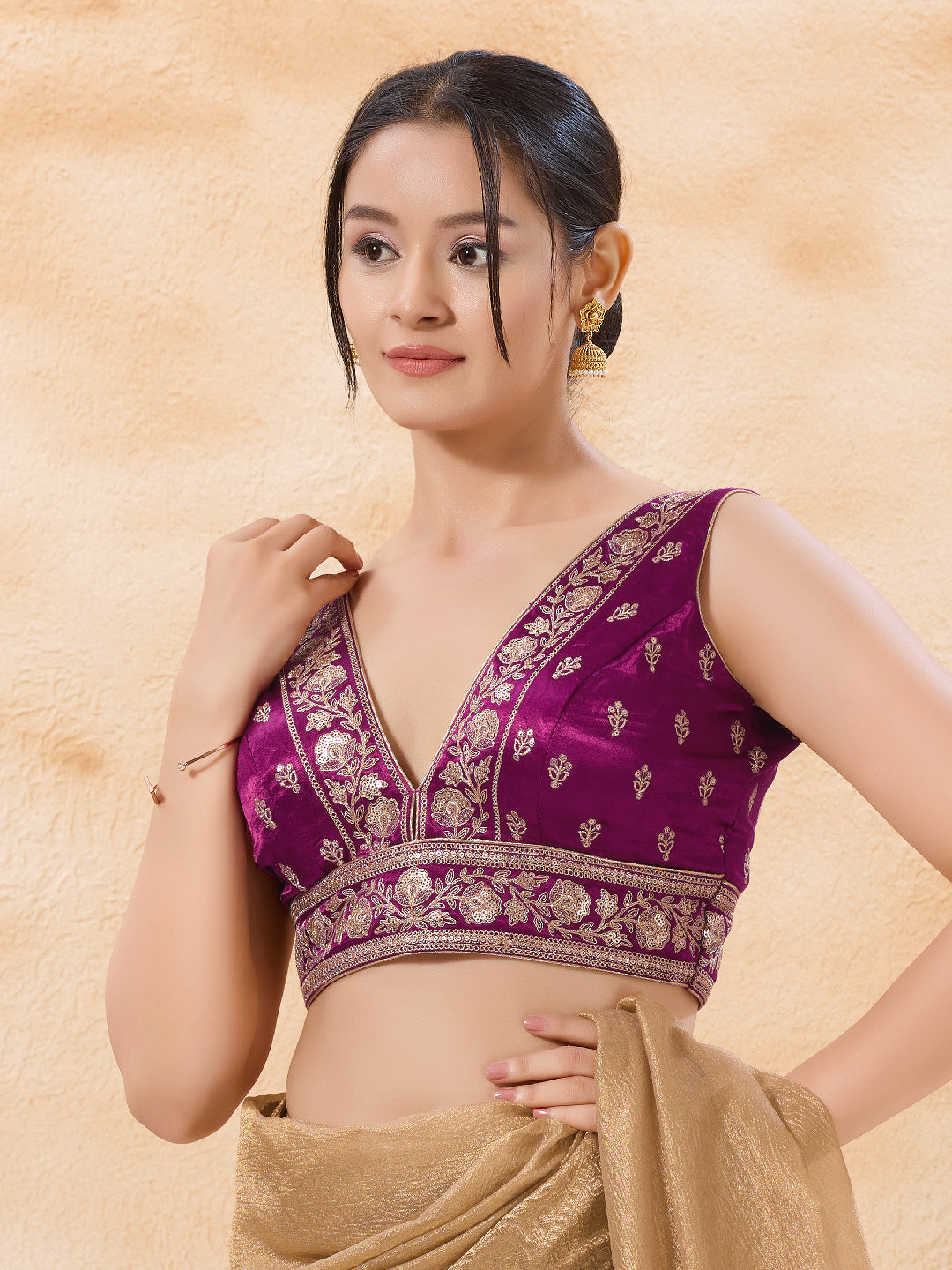 Gajji Silk Machine Zari Embroidery V Neck Blouse
