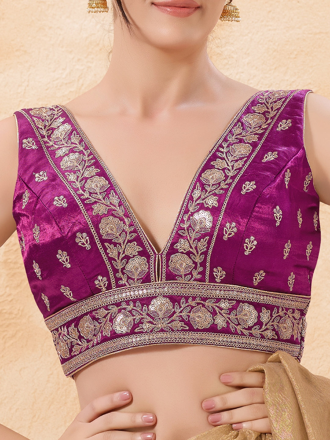 Gajji Silk Machine Zari Embroidery V Neck Blouse
