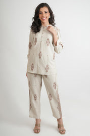 Karni Beige Woven Khadi Co-ord Set - Kaftanize