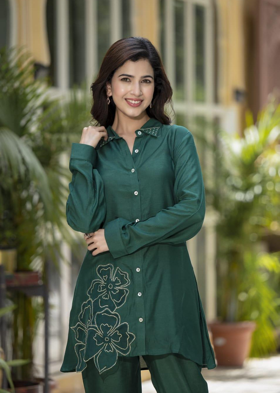 Chitrali Peacock Green Embroidered Muslin Tunic and Trouser Co-Ord Set - Kaftanize