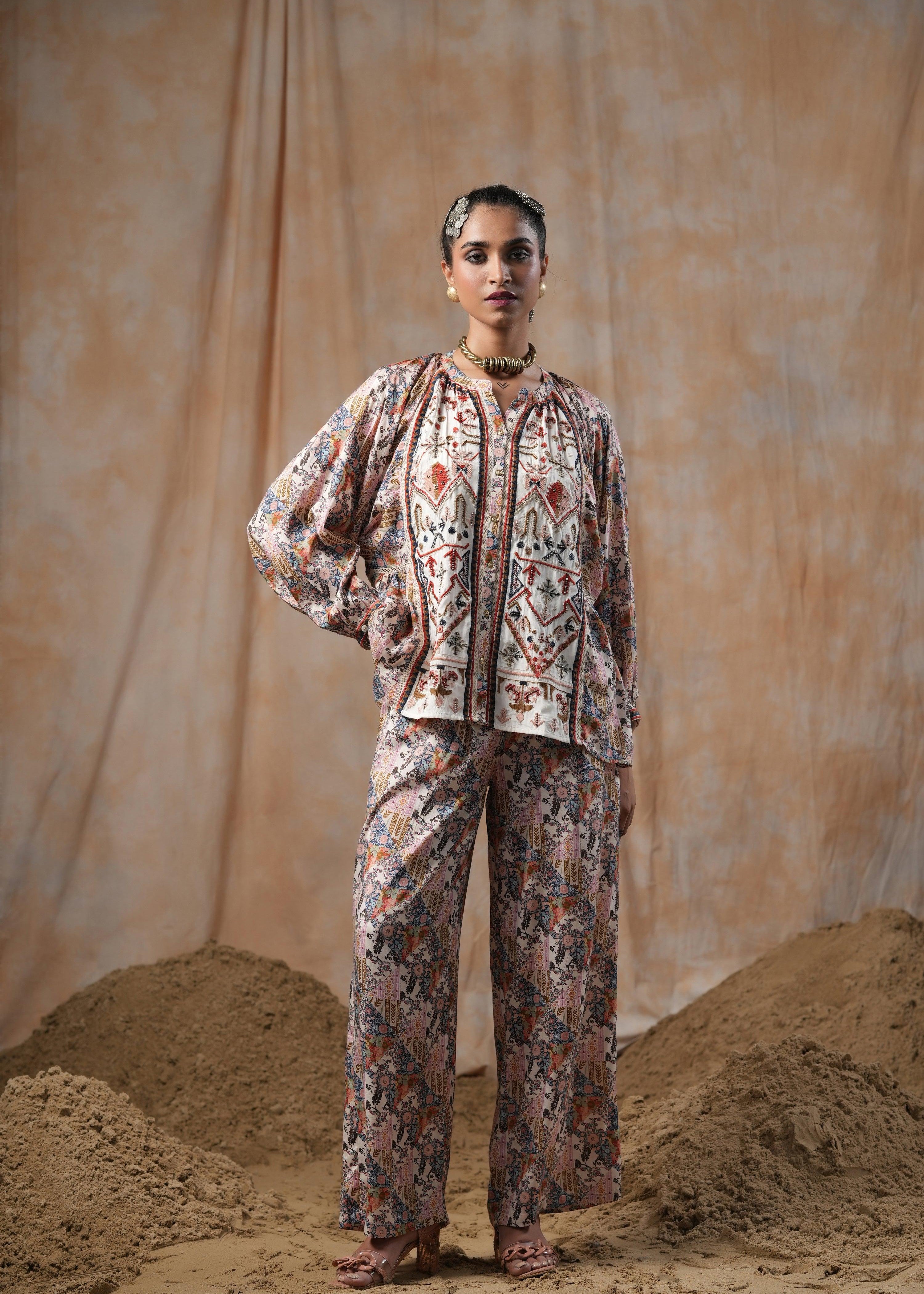 Multicolored Embroidered Viscose Top & Trouser Co-Ord Set - Kaftanize