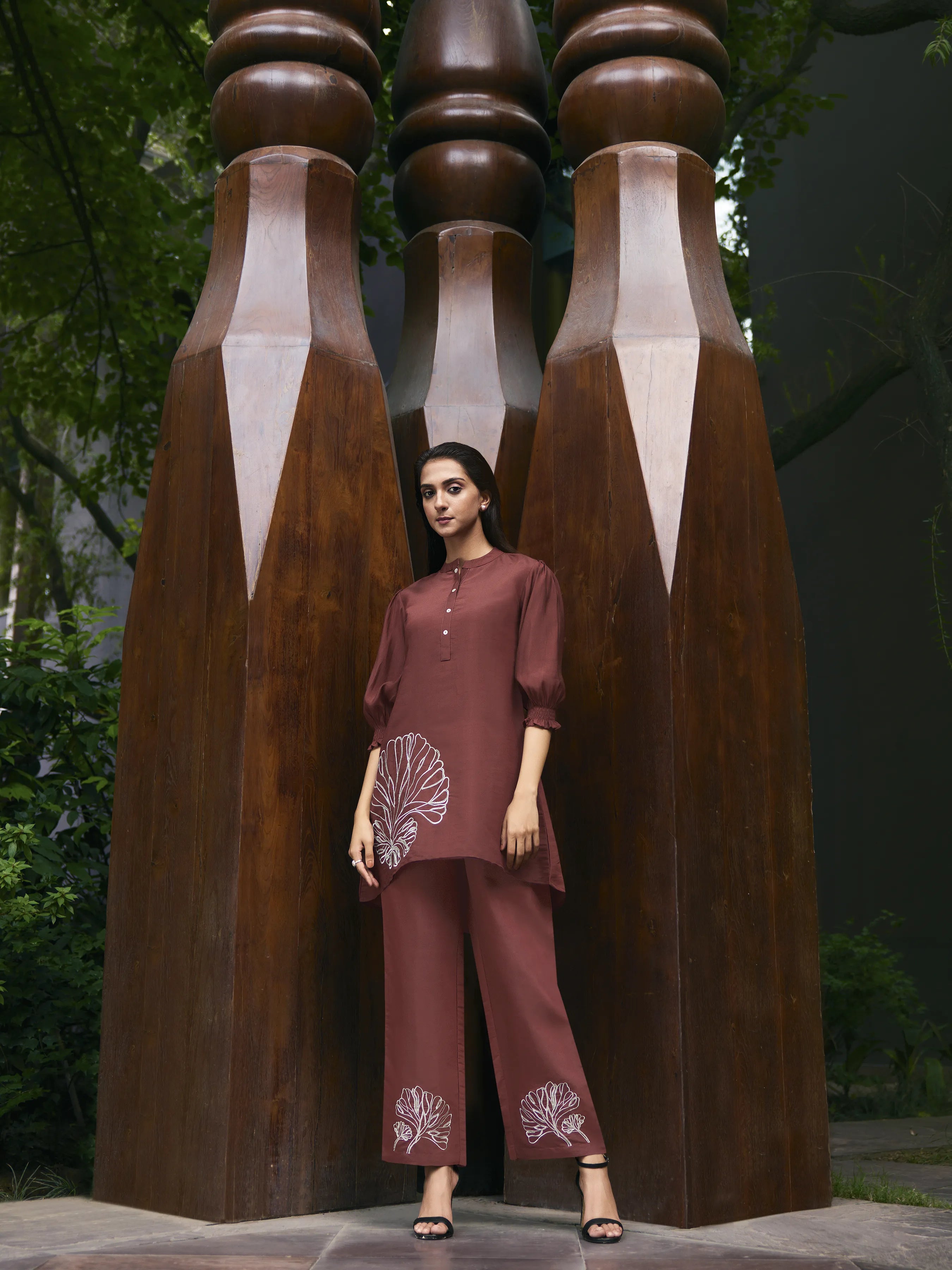 Red Embroidered Viscose Tunic With Pant