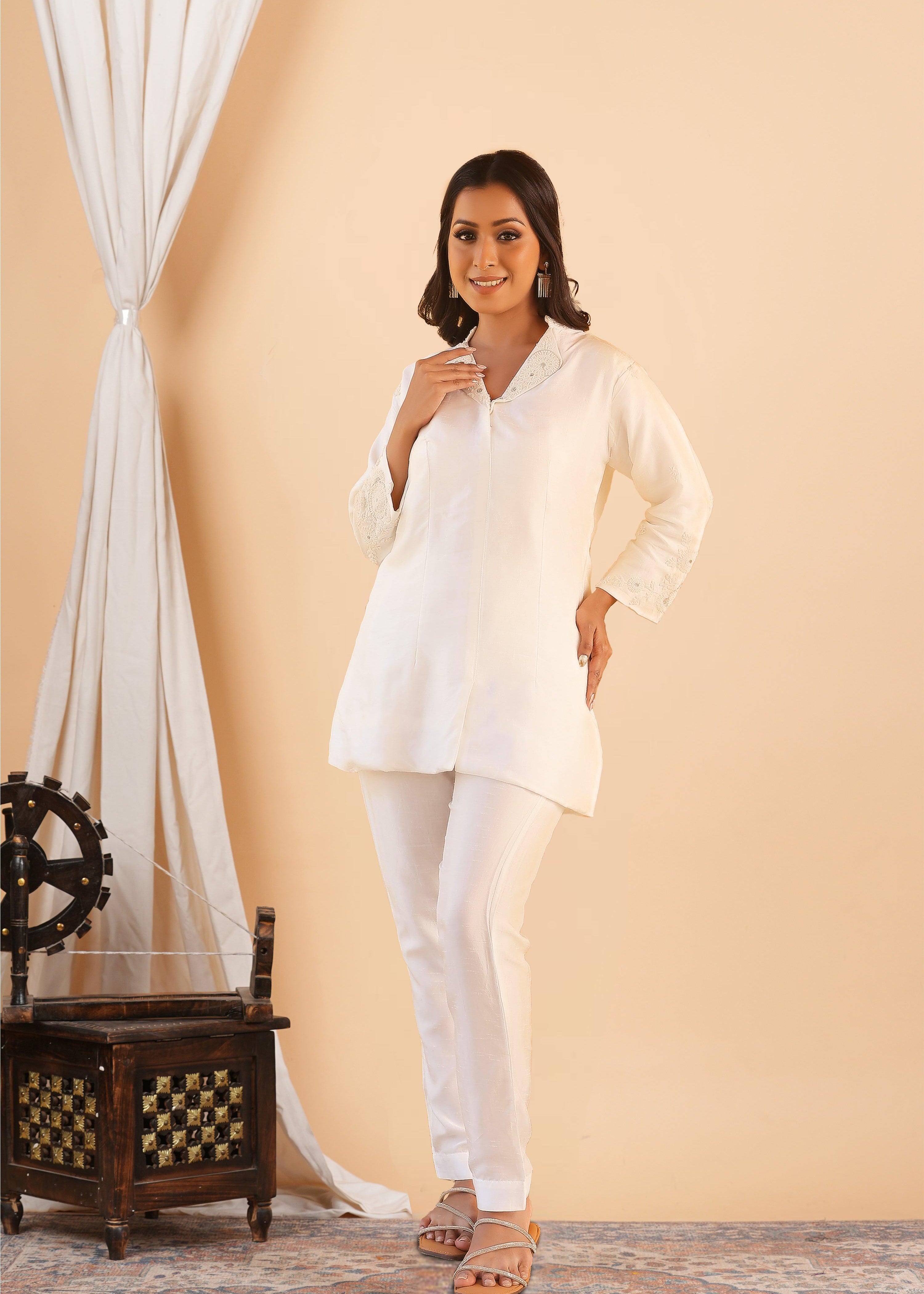 White Embroidered Tunic & Trouser Set - Kaftanize