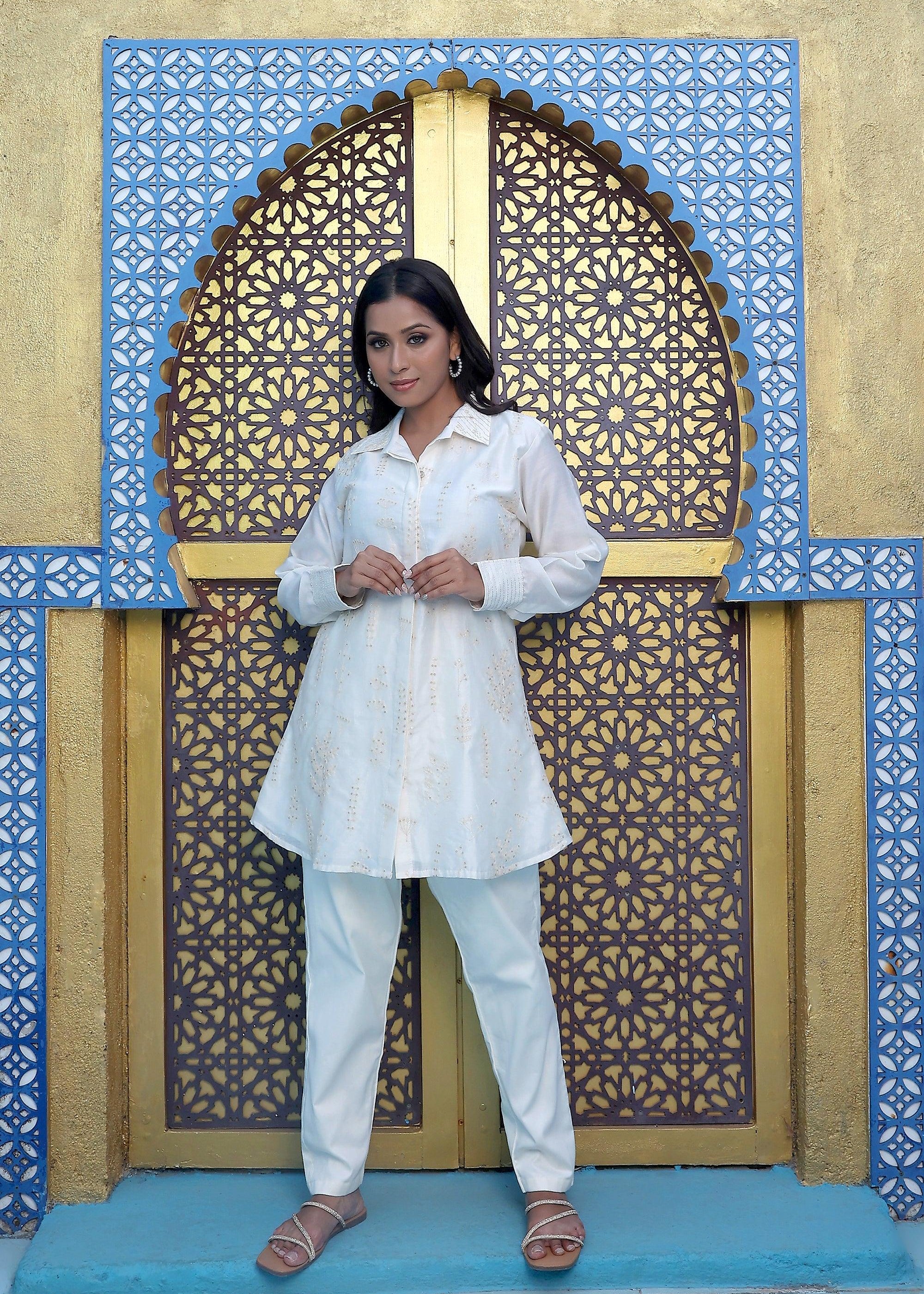 Off White & Gold Sequin Embroidered Tunic & Trouser Set - Kaftanize