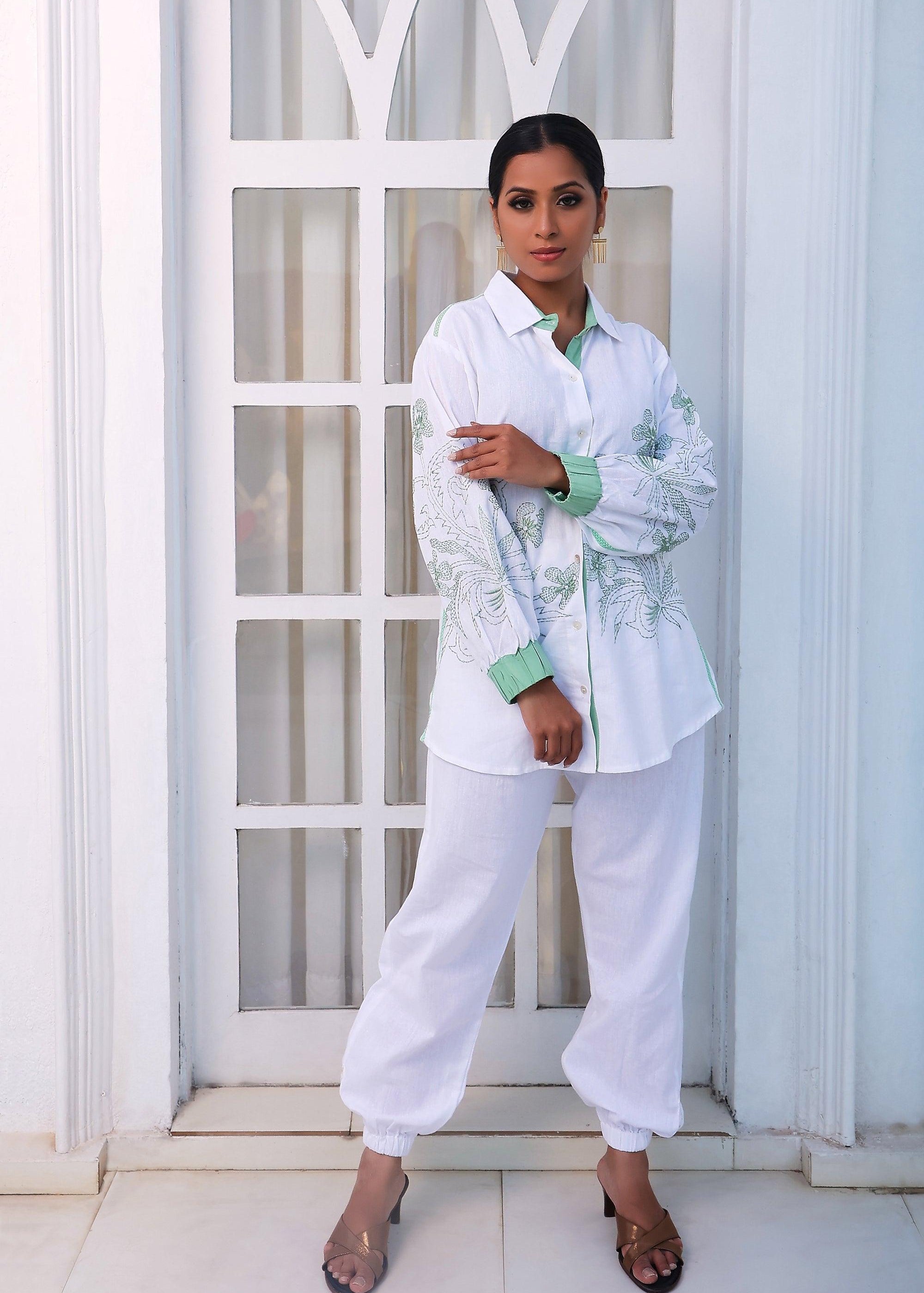 White Shirt Style Tunic With Embroidery - Kaftanize