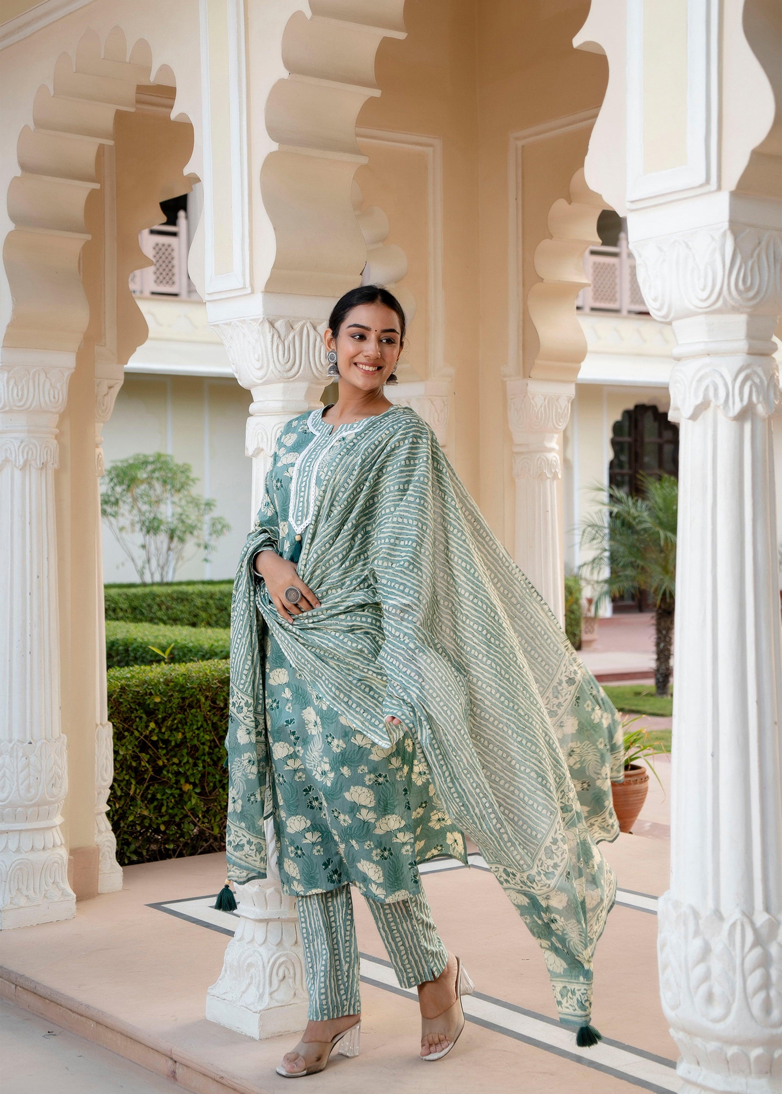 Teal Floral Printed & Lace Detail Cotton Kurta with Trousers & With Dupatta - Kaftanize