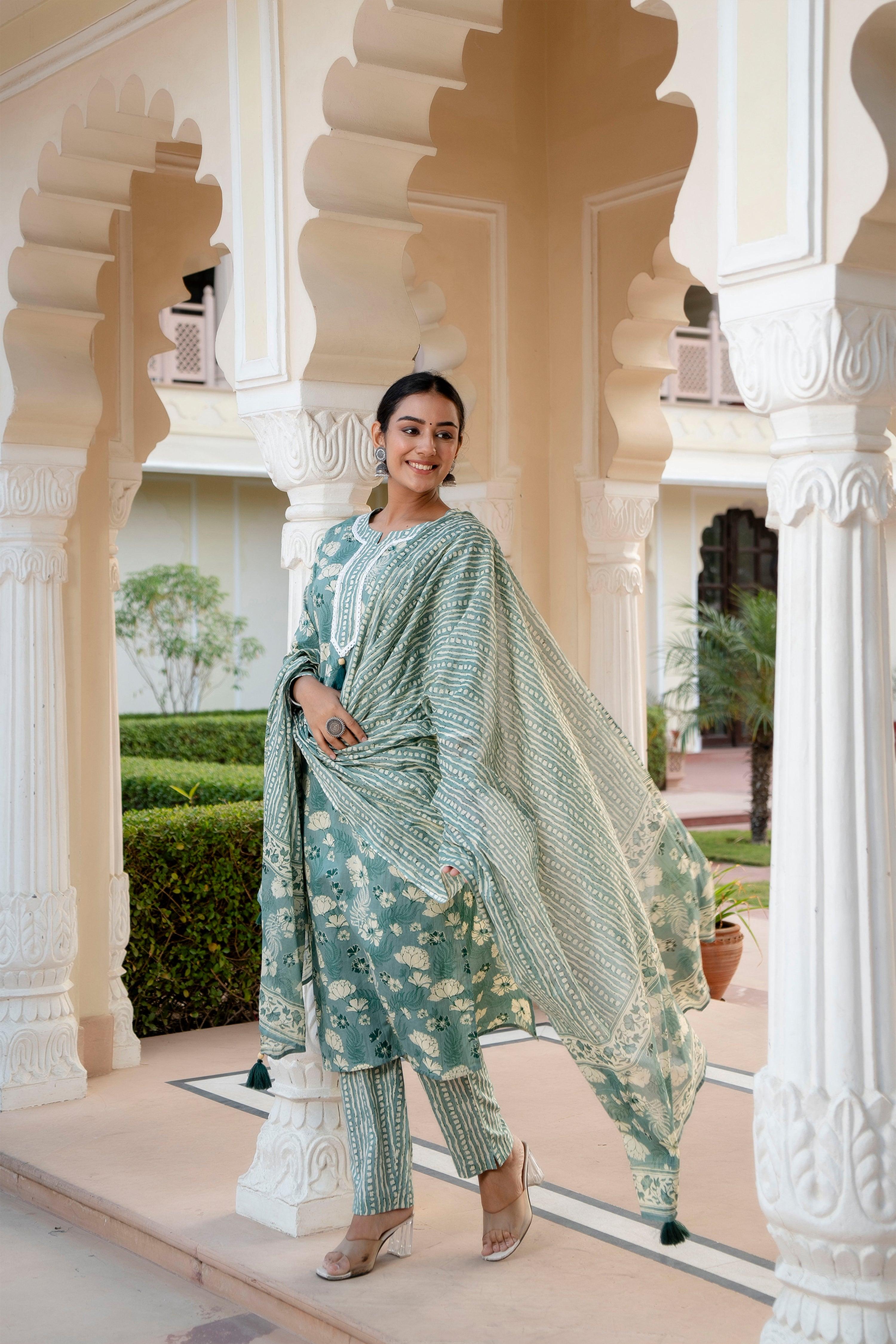 Teal Floral Printed & Lace Detail Cotton Kurta with Trousers & With Dupatta - Kaftanize