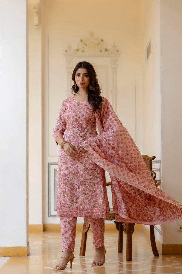 Pink Printed & Embellished Cotton Kurta with Trousers & With Dupatta - Kaftanize