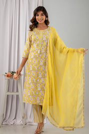 Yellow Printed & Embellished Cotton Kurta with Trousers & With Dupatta - Kaftanize