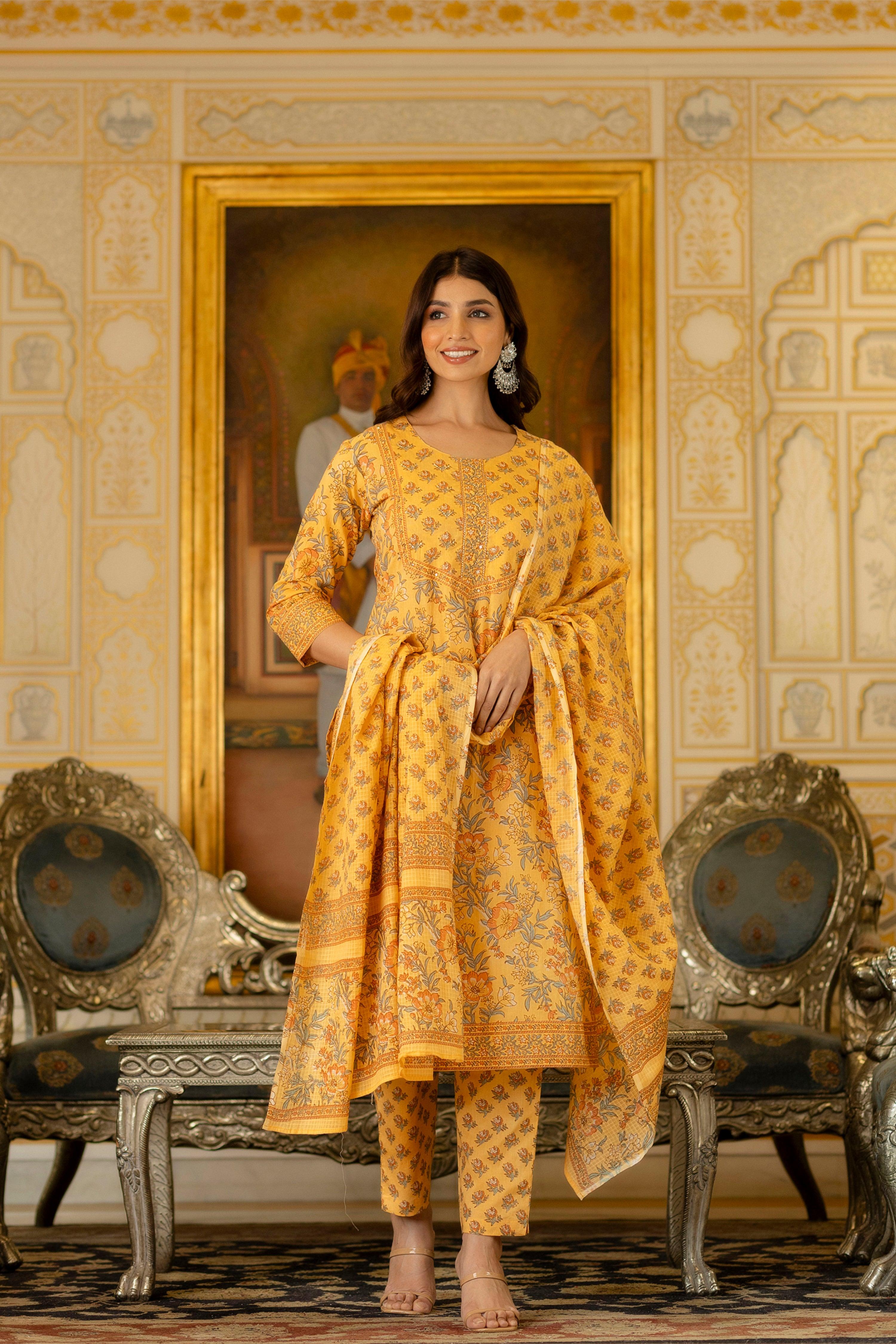 Yellow Printed & Embellished Cotton Kurta with Trousers & With Dupatta - Kaftanize