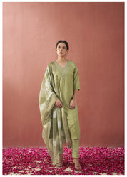 Green Zari Moti Viscose Ethnic Set With Dupatta