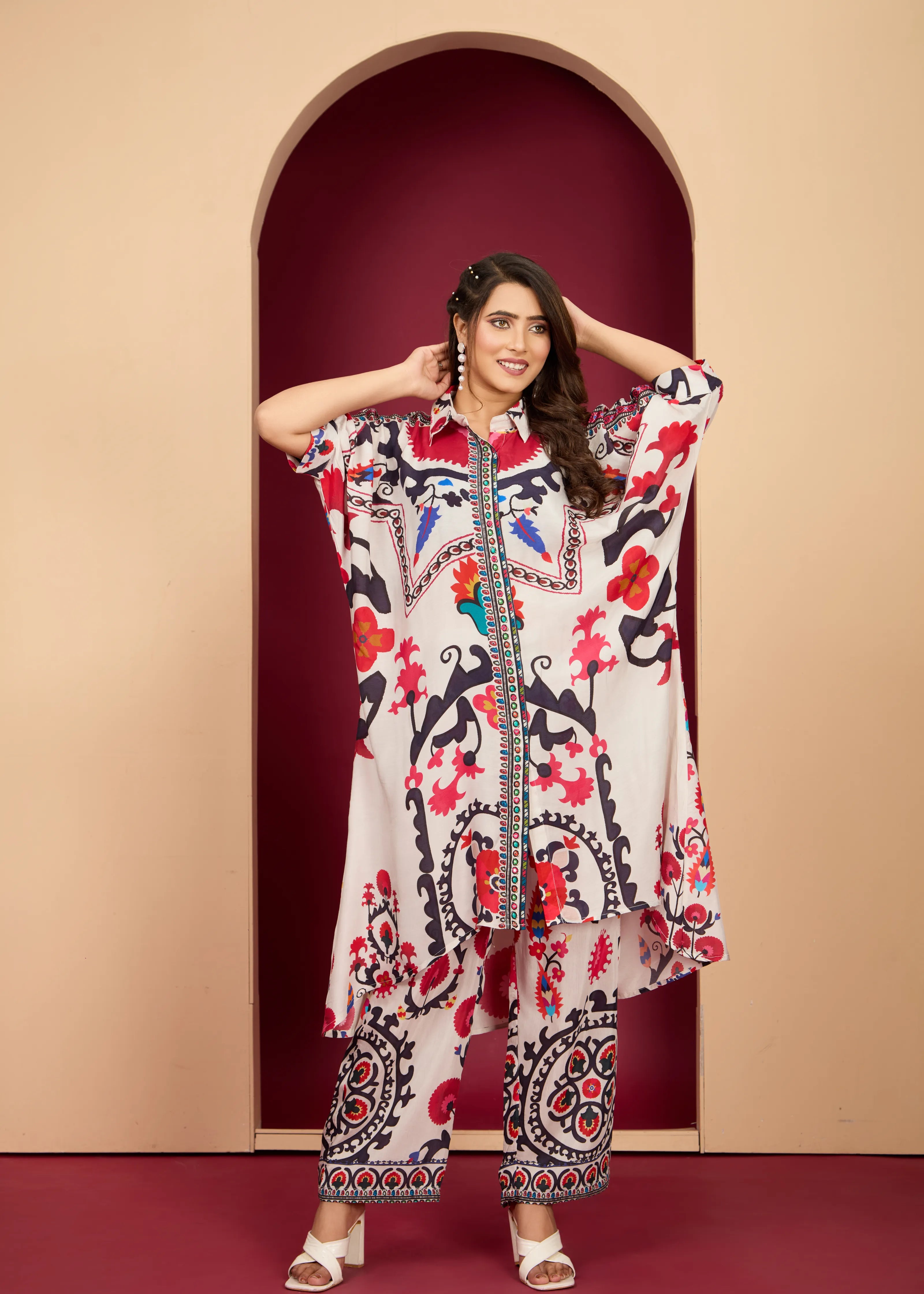 Bold Multicolor Muslin Kaftan Kurta & Printed Straight Pant Co-ord Set