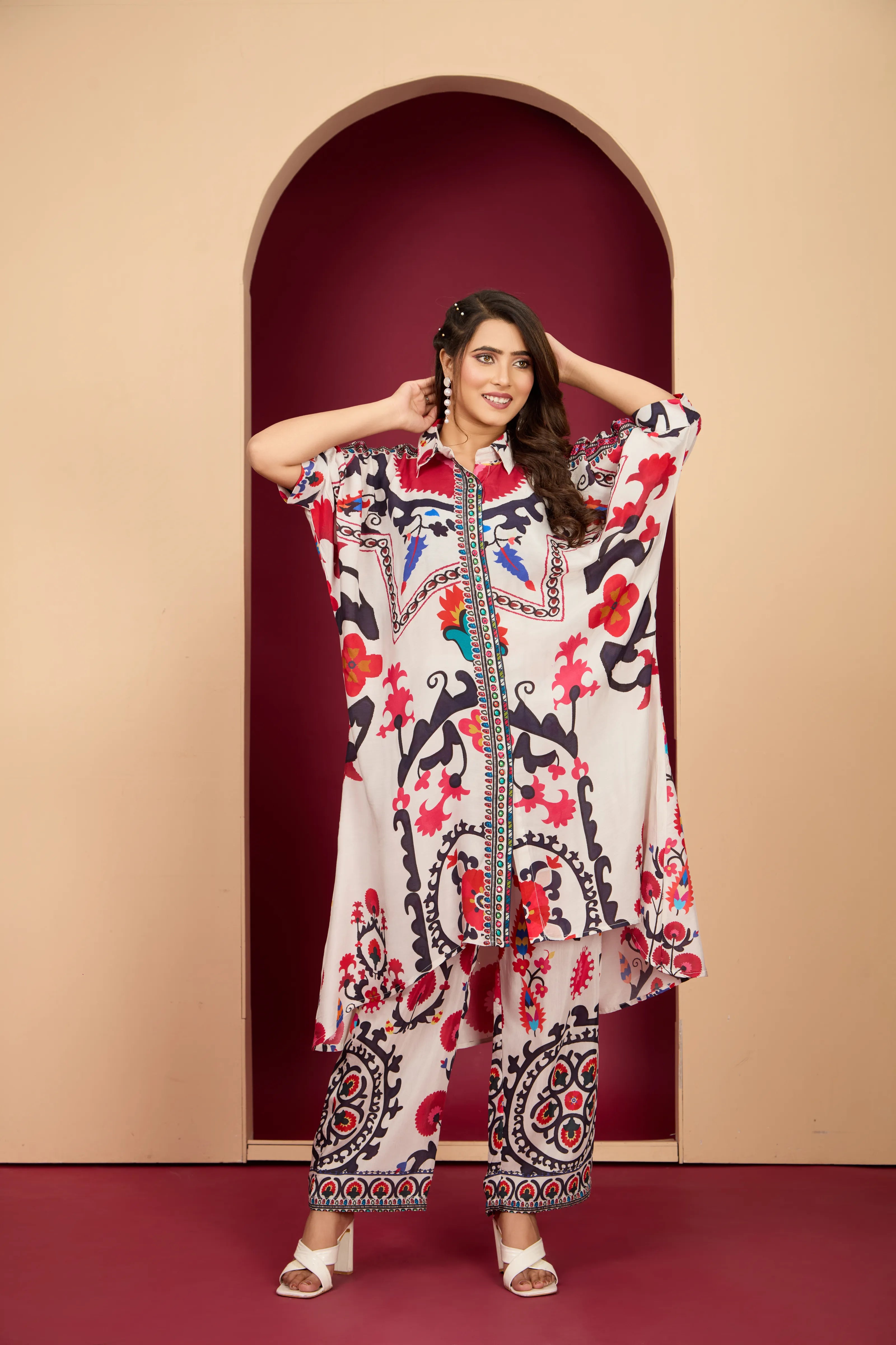 Bold Multicolor Muslin Kaftan Kurta & Printed Straight Pant Co-ord Set