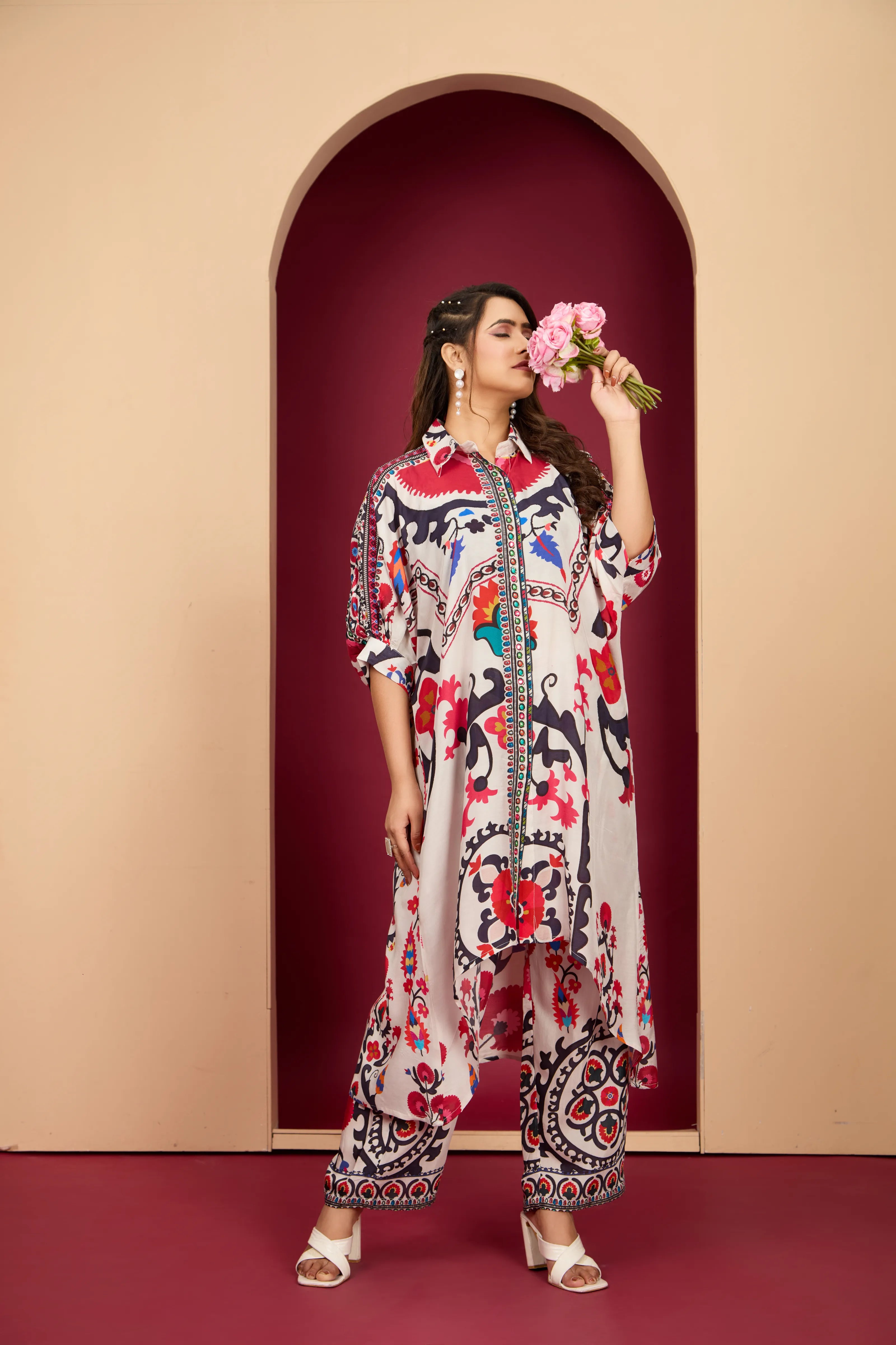 Bold Multicolor Muslin Kaftan Kurta & Printed Straight Pant Co-ord Set