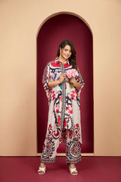 Bold Multicolor Muslin Kaftan Kurta & Printed Straight Pant Co-ord Set