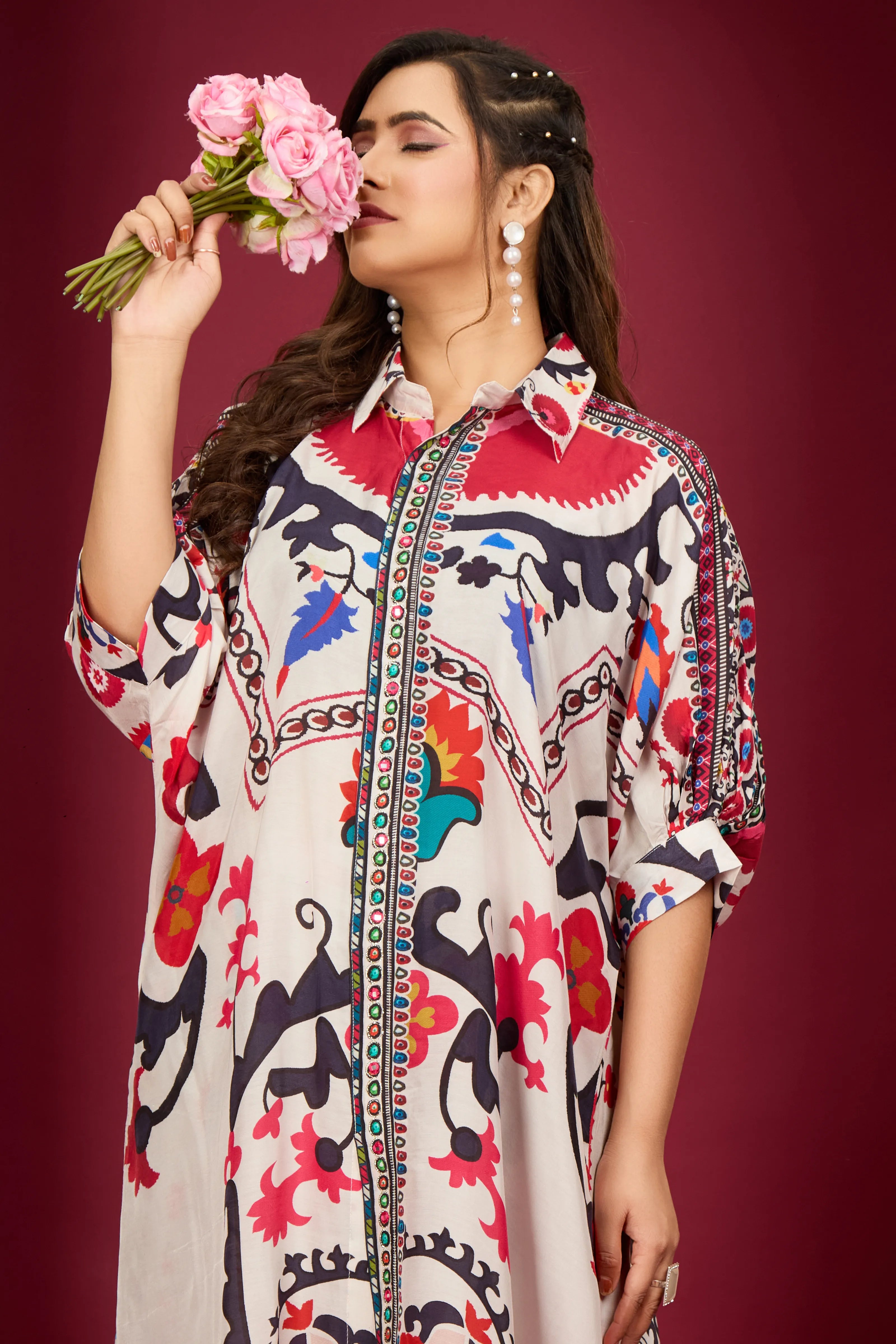 Bold Multicolor Muslin Kaftan Kurta & Printed Straight Pant Co-ord Set