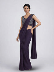 Deep Purple Beaded Chinon Pre Draped Saree Set with Tassel Tie-Back