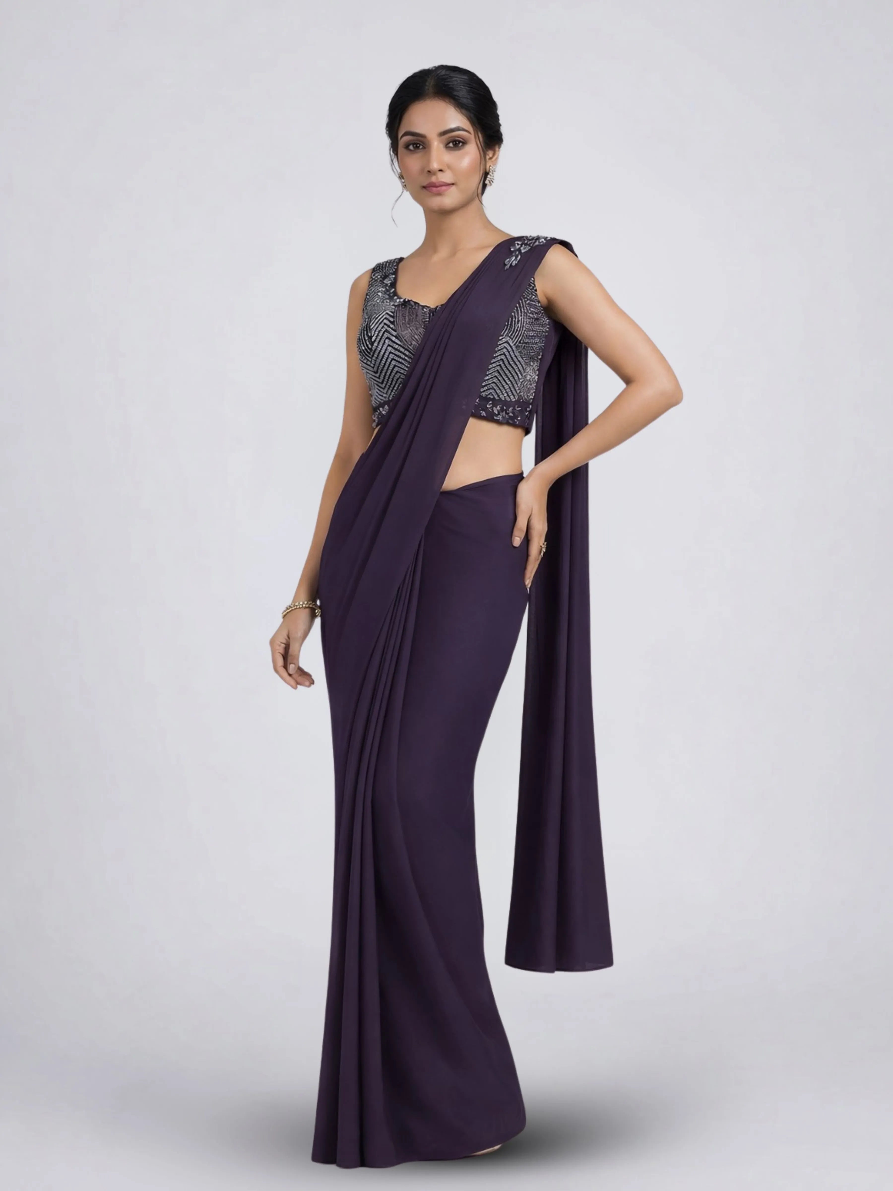 Deep Purple Beaded Chinon Pre Draped Saree Set with Tassel Tie-Back