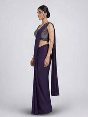 Deep Purple Beaded Chinon Pre Draped Saree Set with Tassel Tie-Back
