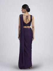 Deep Purple Beaded Chinon Pre Draped Saree Set with Tassel Tie-Back