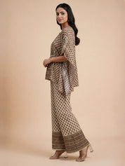 Butter Cream Lurex & Moti Embellished Muslin Kaftan Co-ord Set with Aari Lace Palazzo