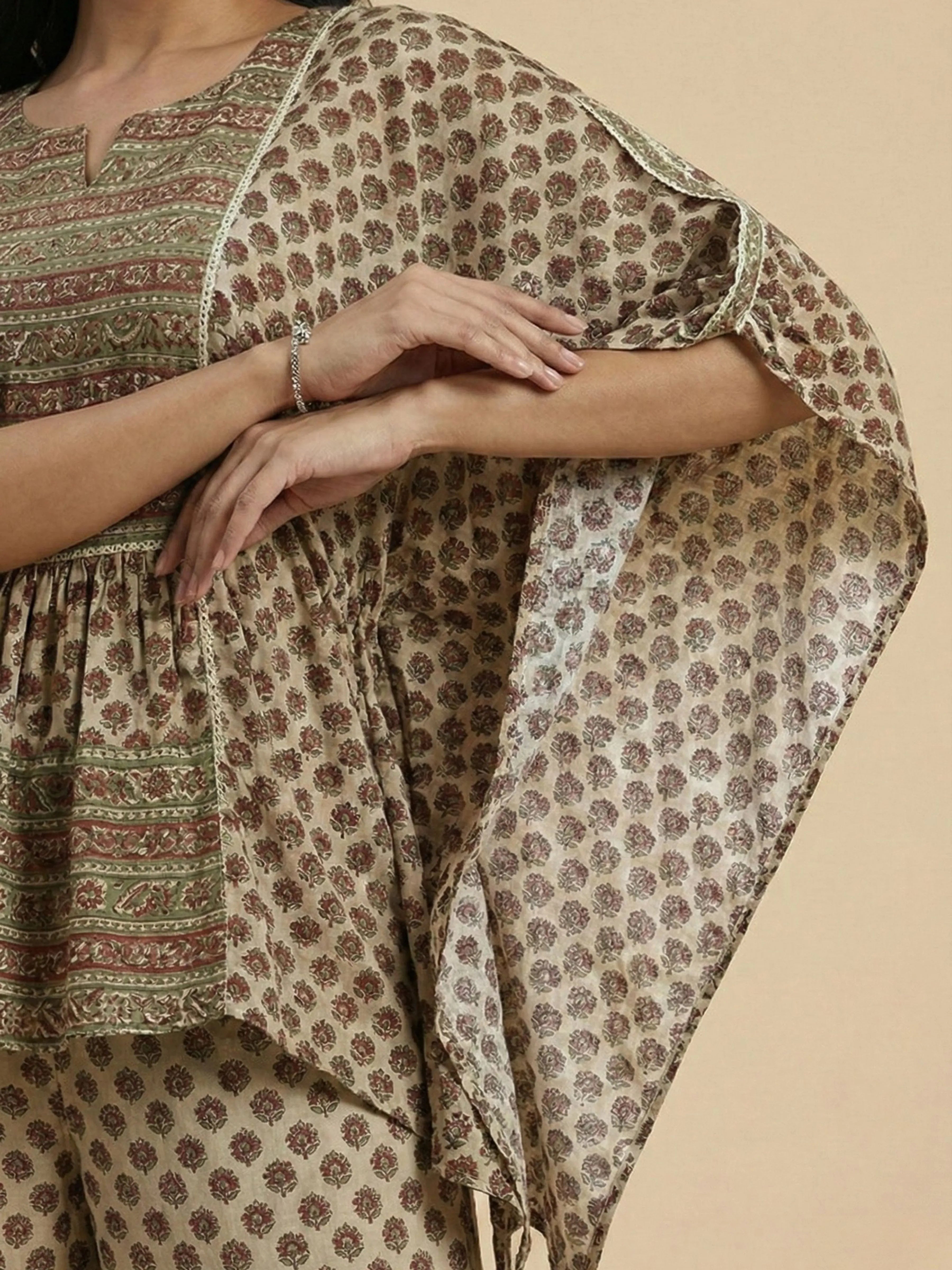 Butter Cream Lurex & Moti Embellished Muslin Kaftan Co-ord Set with Aari Lace Palazzo