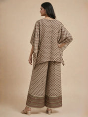 Butter Cream Lurex & Moti Embellished Muslin Kaftan Co-ord Set with Aari Lace Palazzo