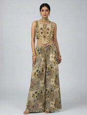 Beige Three-Piece Embellished Co-ord Set with Mirror Work & Chinon Palazzo