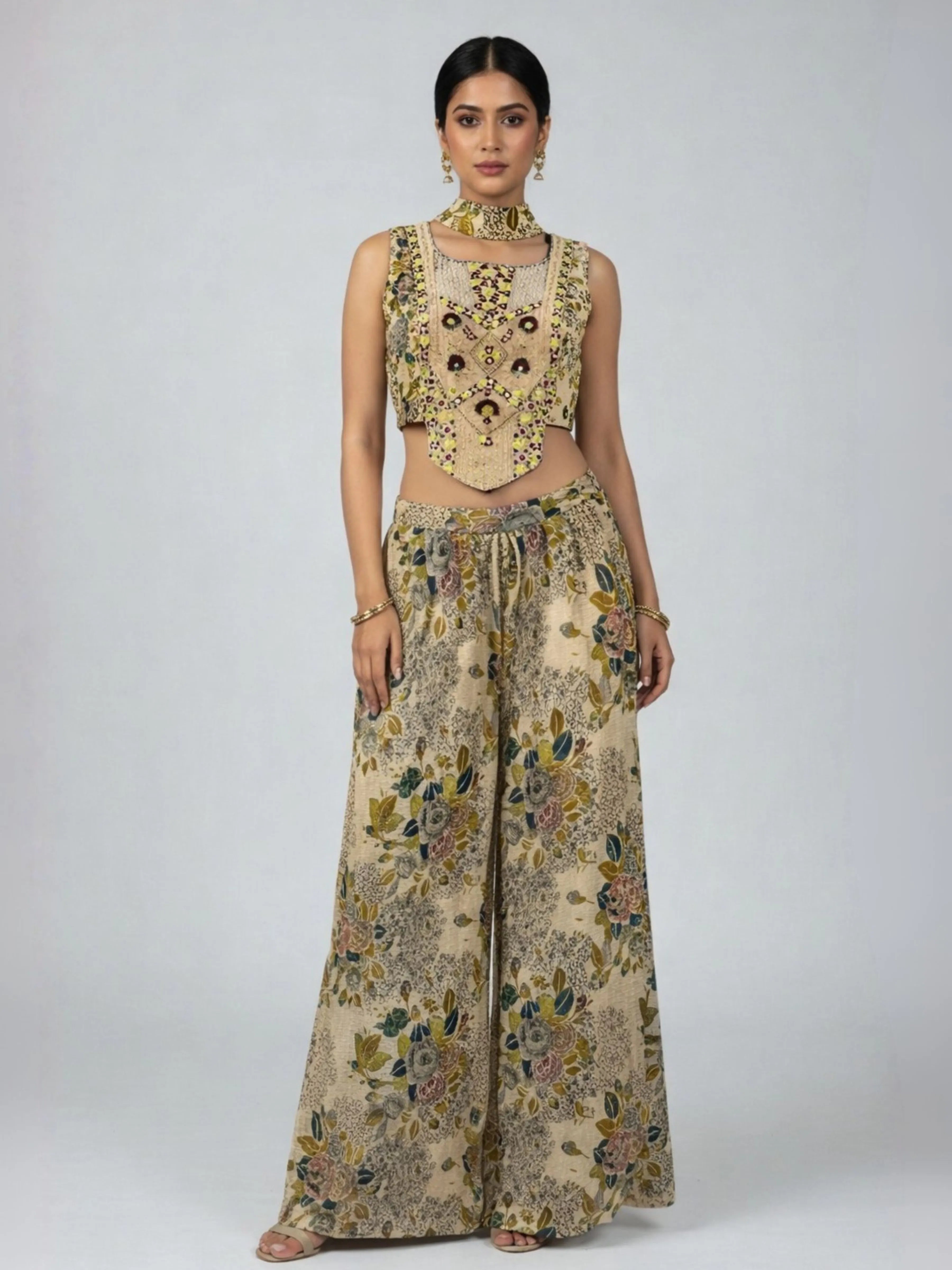 Beige Three-Piece Embellished Co-ord Set with Mirror Work & Chinon Palazzo