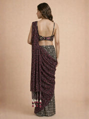 Maroon & Black Printed Chiffon Pre Draped Saree with Embellished Blouse
