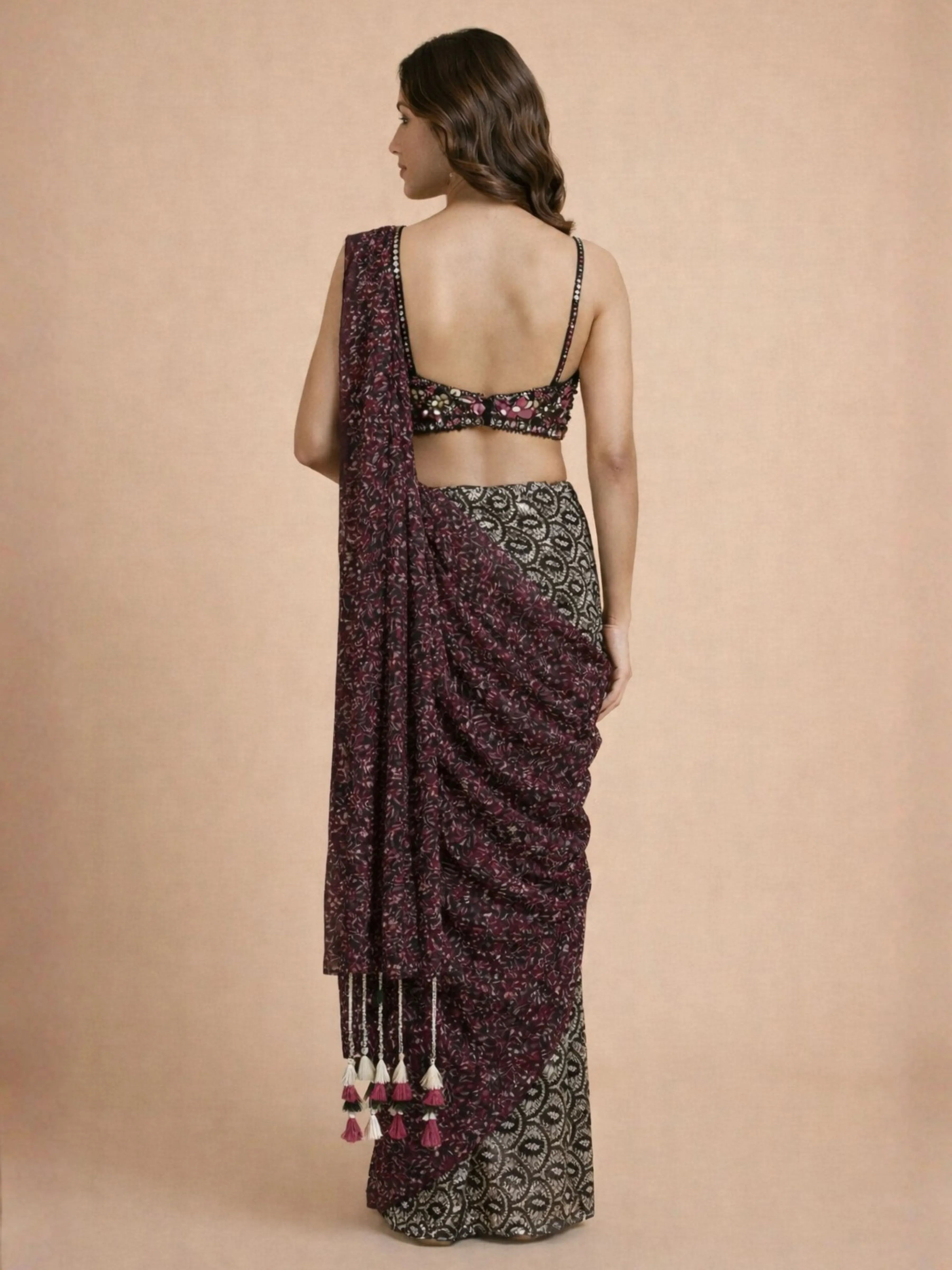 Maroon & Black Printed Chiffon Pre Draped Saree with Embellished Blouse