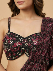 Maroon & Black Printed Chiffon Pre Draped Saree with Embellished Blouse