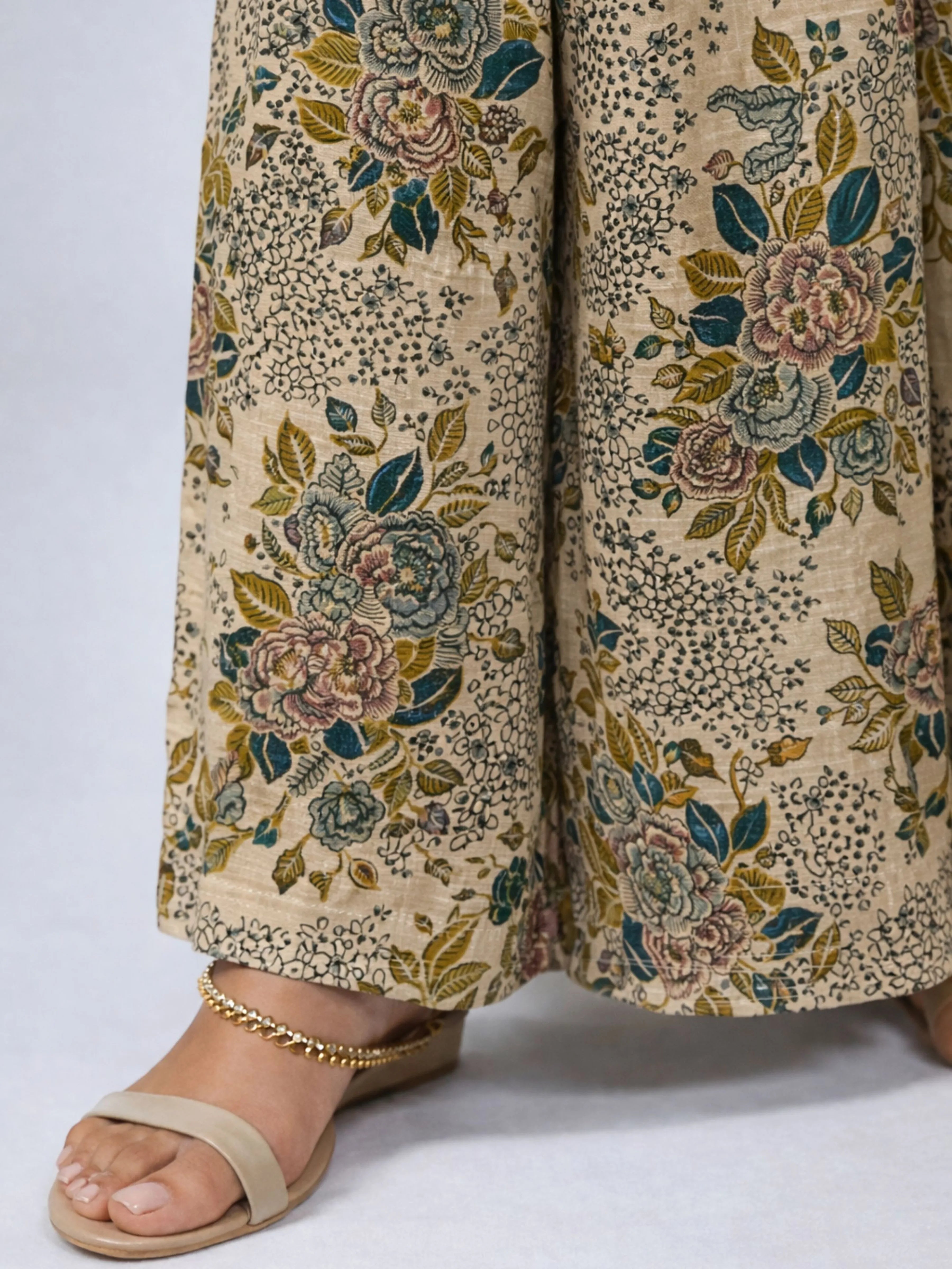 Beige Three-Piece Embellished Co-ord Set with Mirror Work & Chinon Palazzo