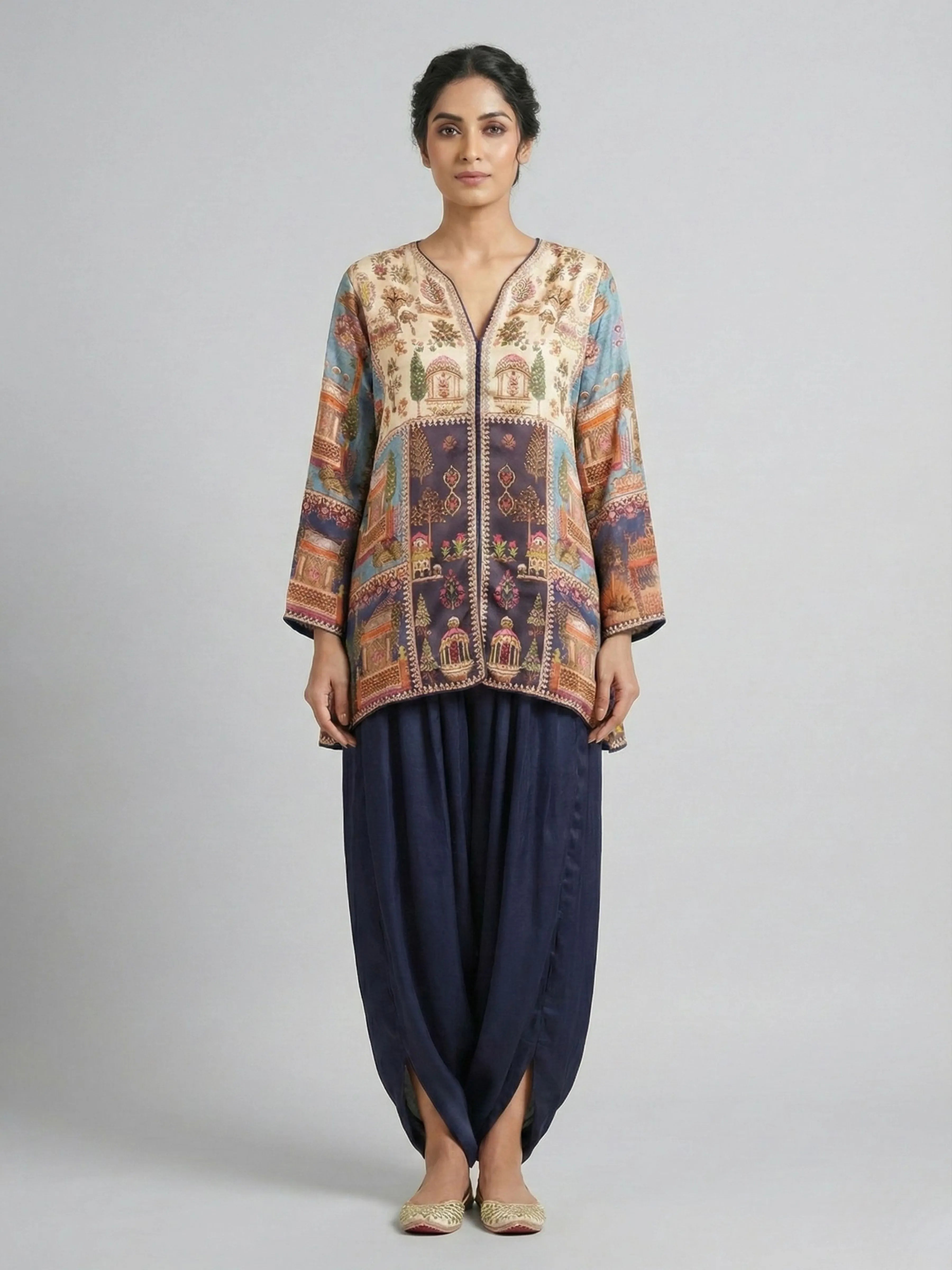 Royal Blue Mughal Print Embellished Co-Ord Set in Gajji Silk