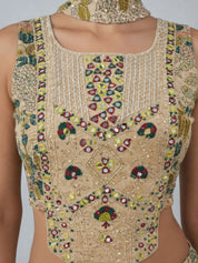 Beige Three-Piece Embellished Co-ord Set with Mirror Work & Chinon Palazzo