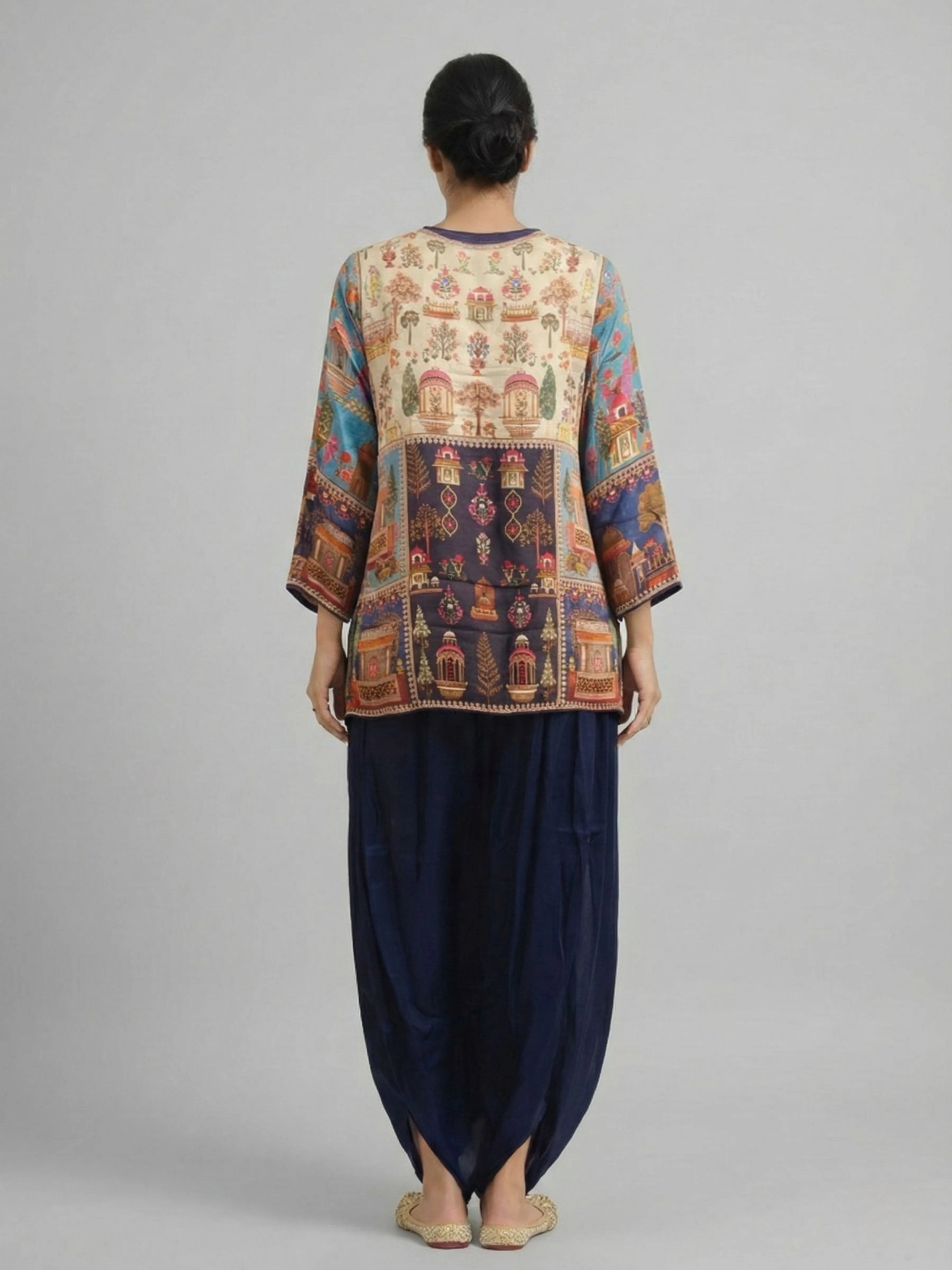 Royal Blue Mughal Print Embellished Co-Ord Set in Gajji Silk