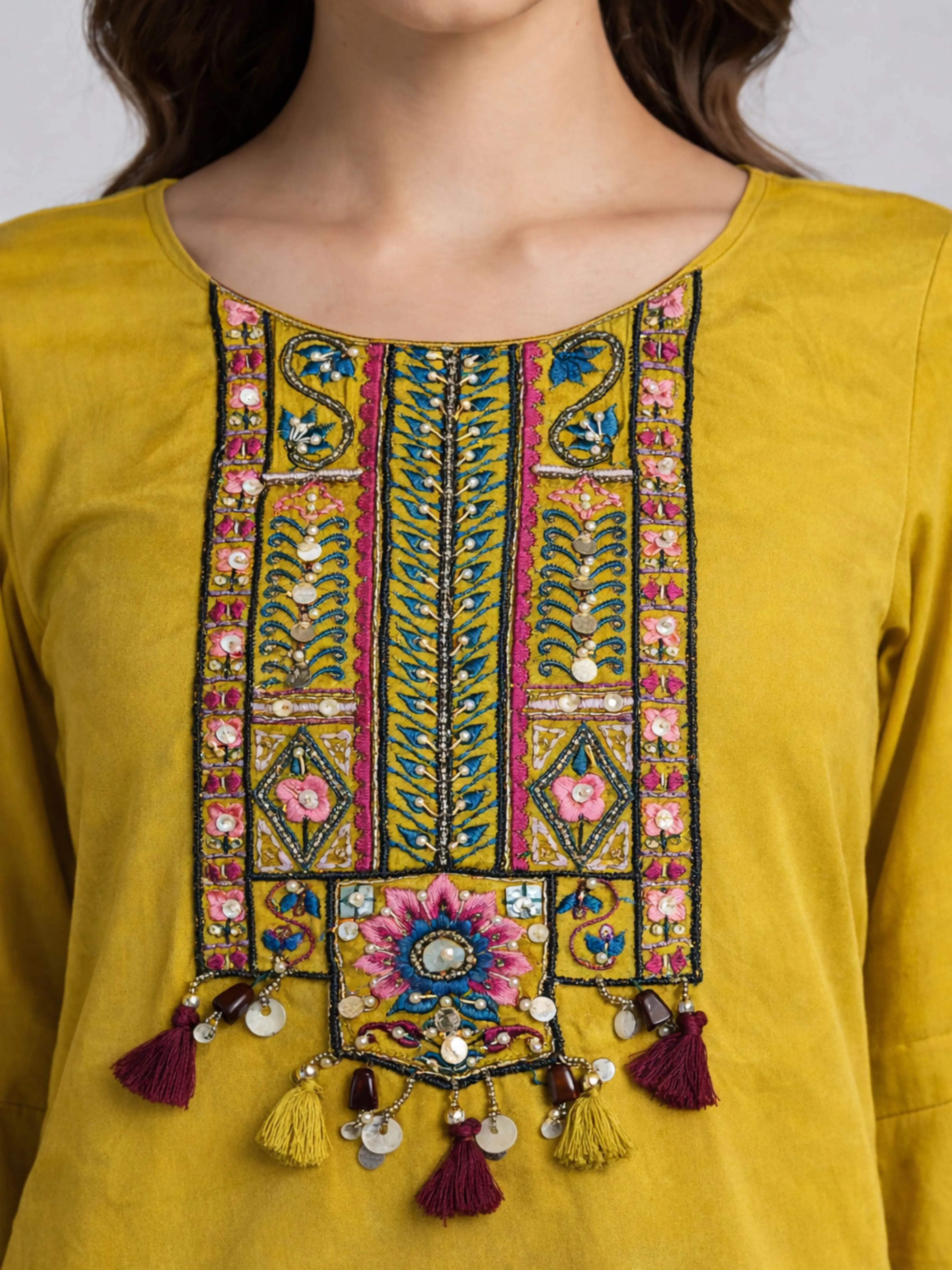 Yellow Asymmetrical Embroidered Kurti & Floral Palazzo Co-ord Set