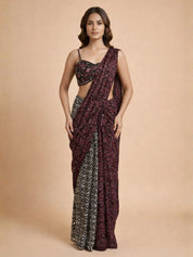 Maroon & Black Printed Chiffon Pre Draped Saree with Embellished Blouse