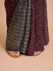 Maroon & Black Printed Chiffon Pre Draped Saree with Embellished Blouse