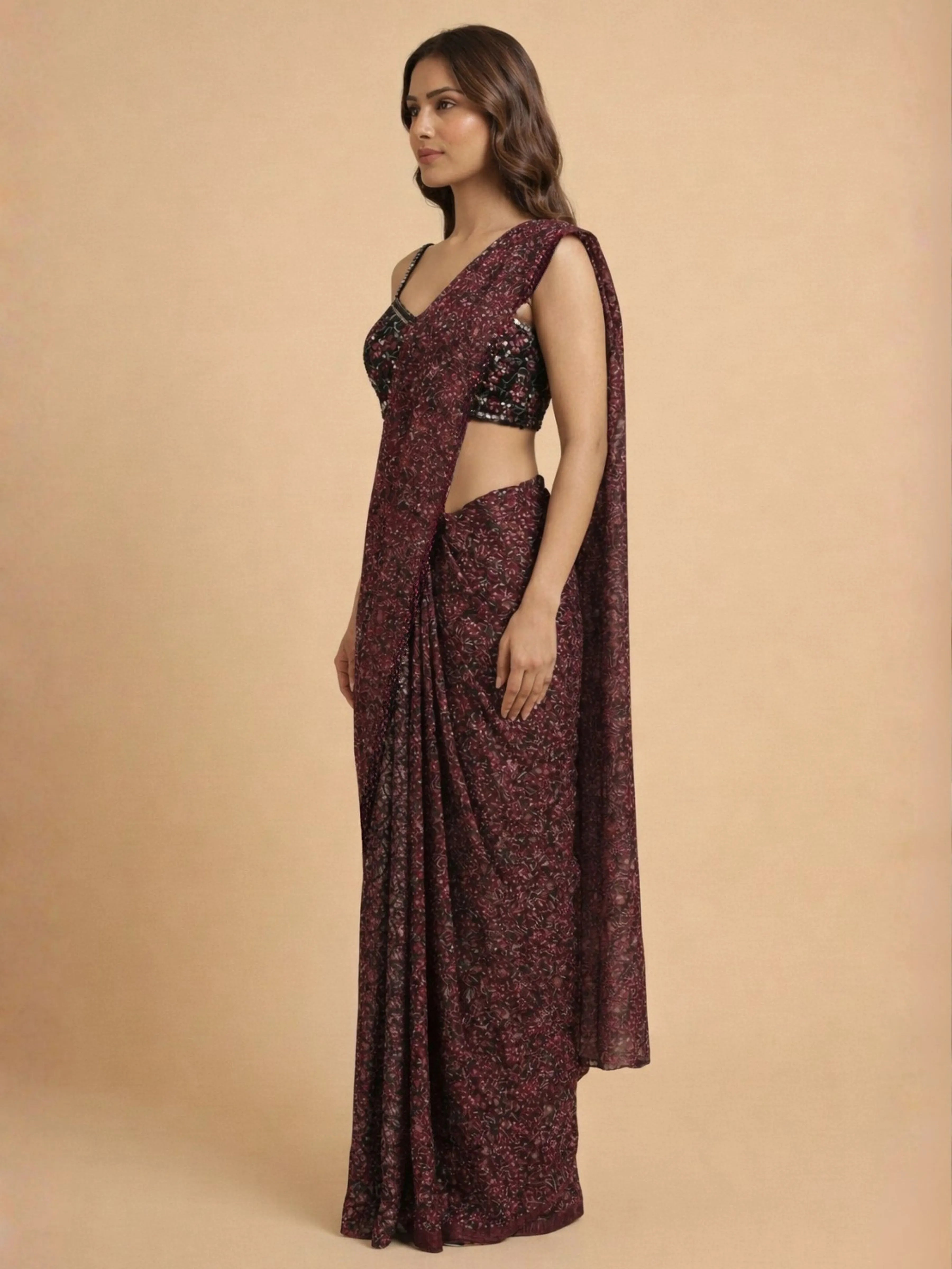 Maroon & Black Printed Chiffon Pre Draped Saree with Embellished Blouse
