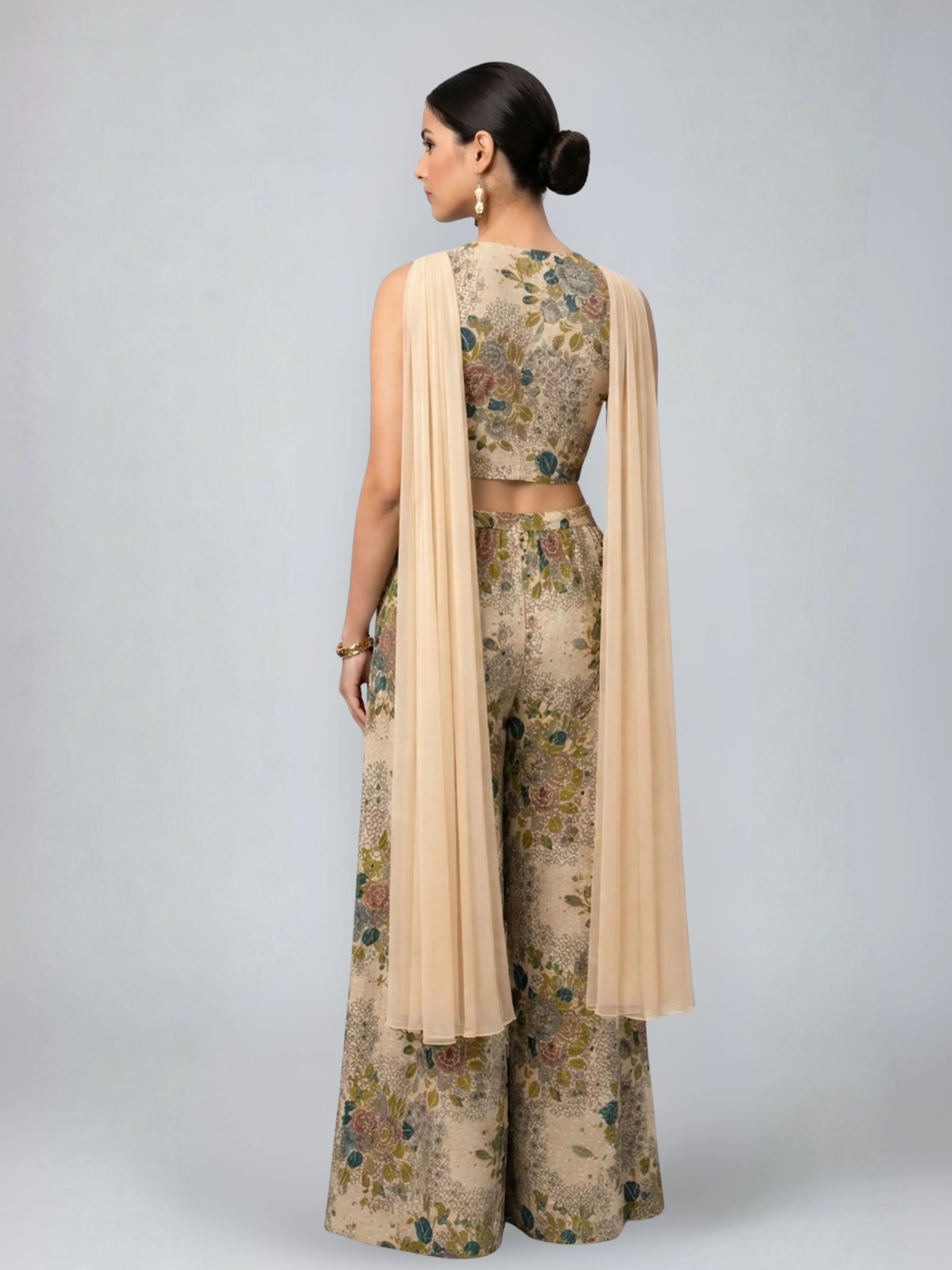 Beige Three-Piece Embellished Co-ord Set with Mirror Work & Chinon Palazzo