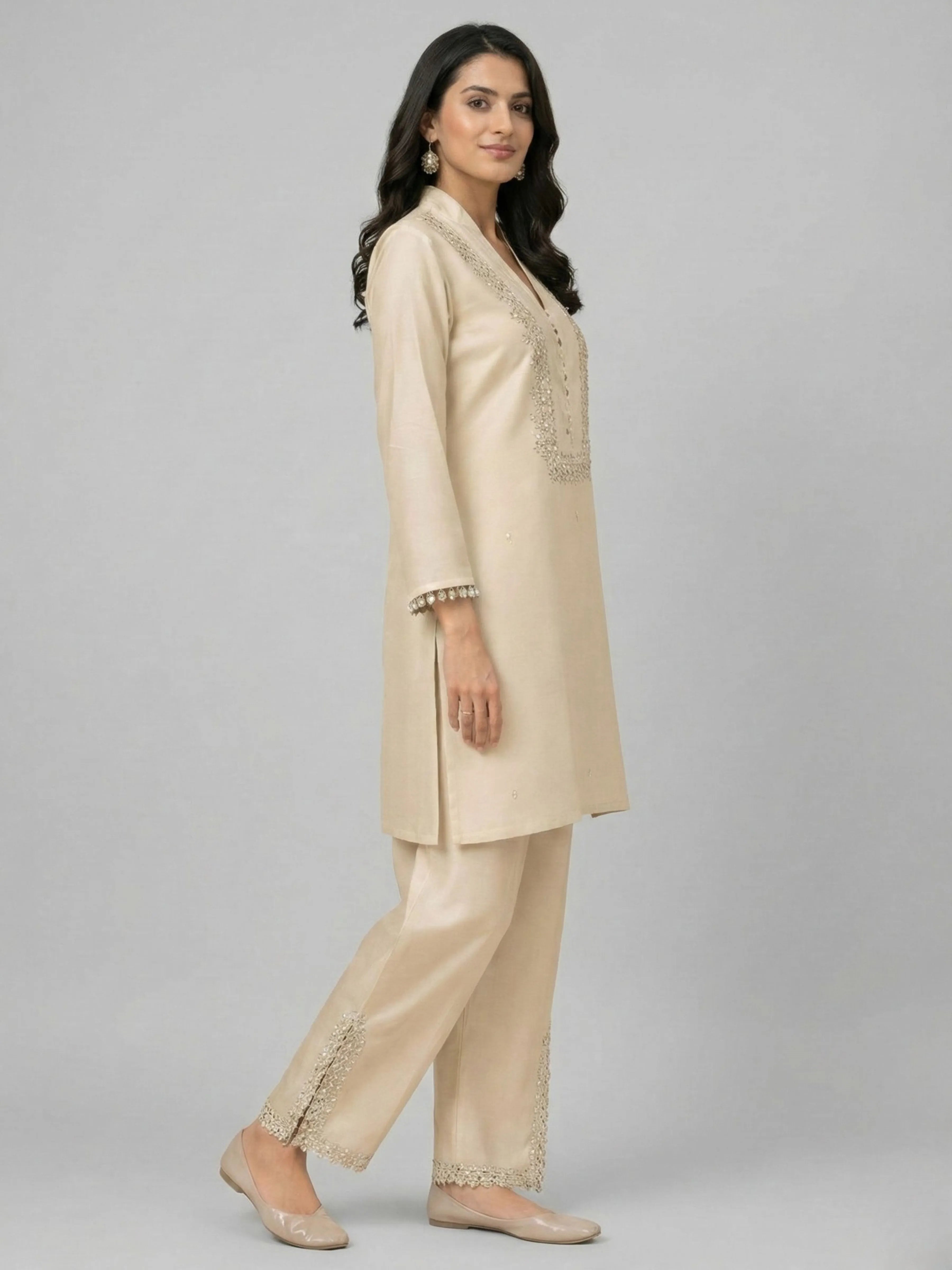 Beige Mirror-Embellished Dola Silk Co-ord Set