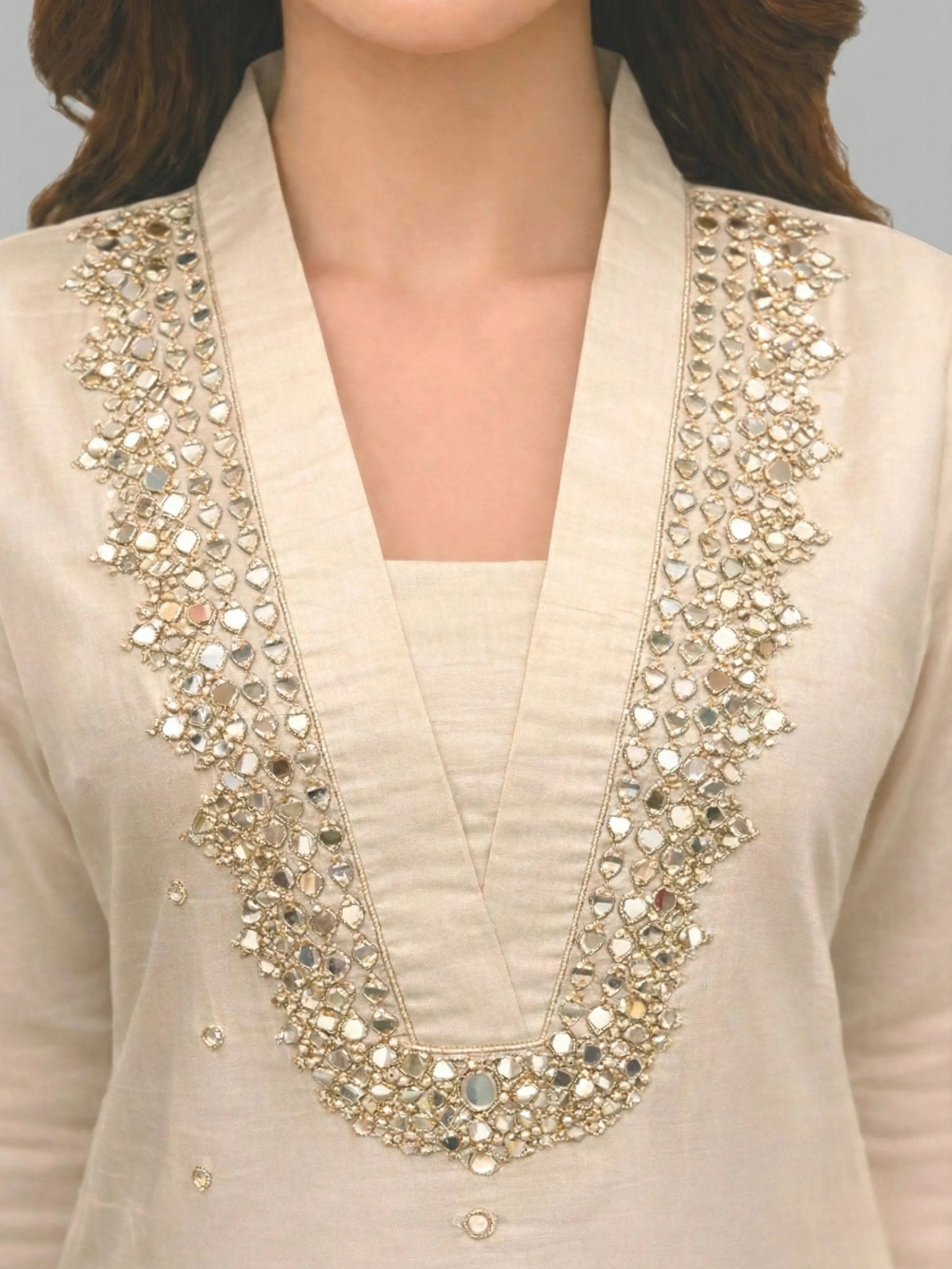 Beige Mirror-Embellished Dola Silk Co-ord Set