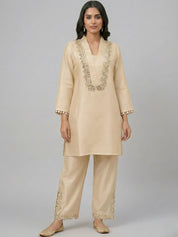Beige Mirror-Embellished Dola Silk Co-ord Set