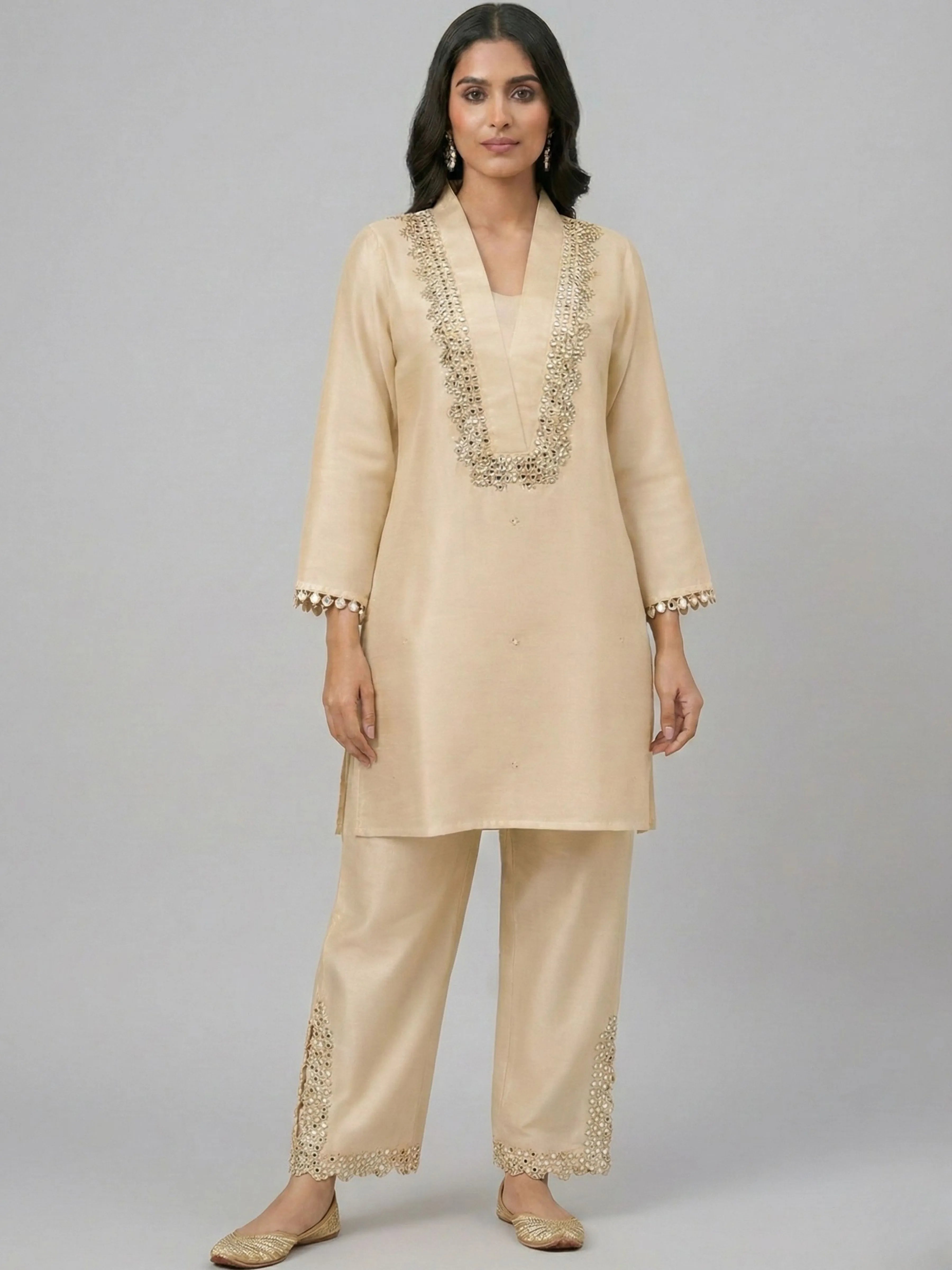 Beige Mirror-Embellished Dola Silk Co-ord Set