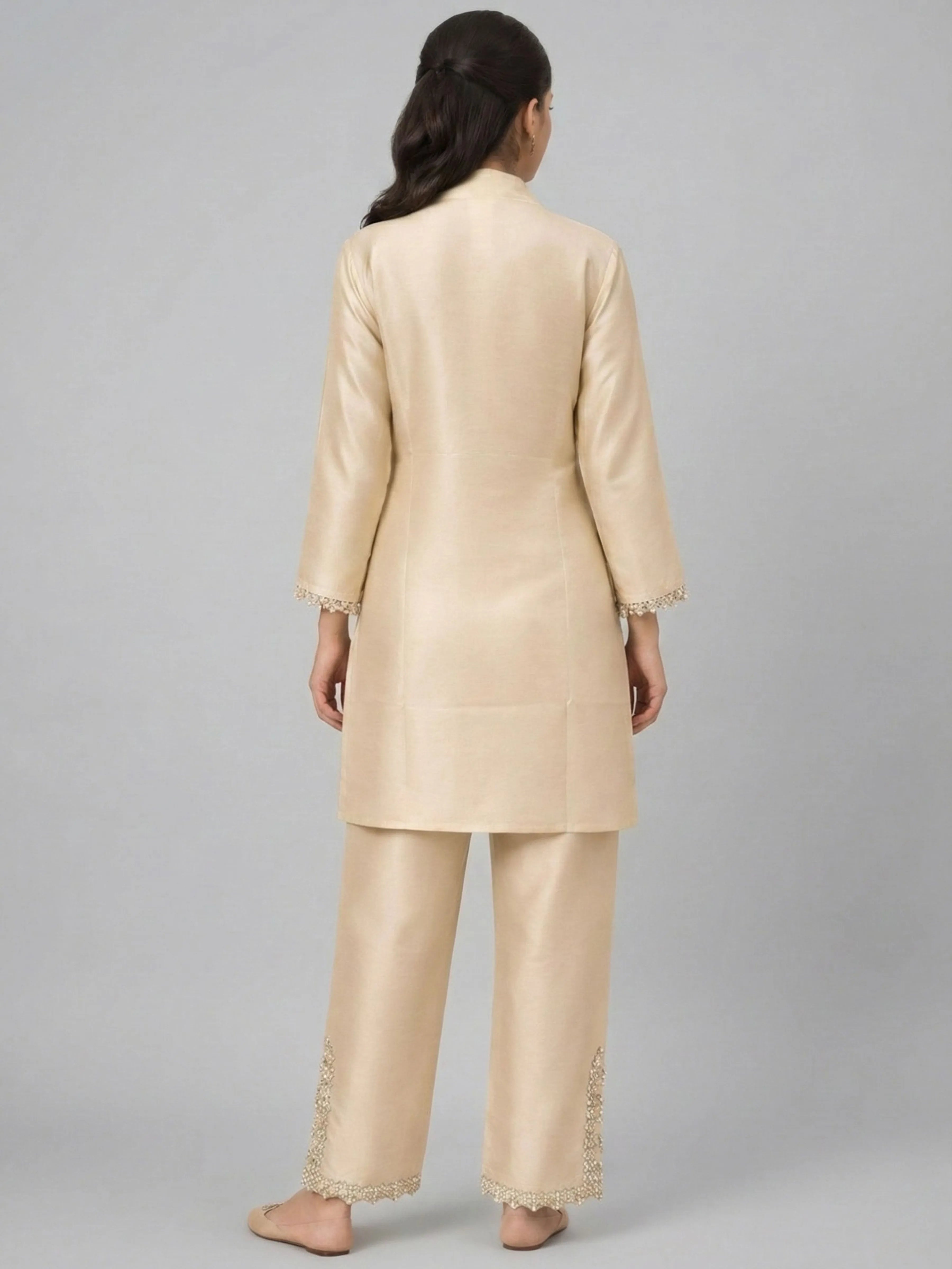Beige Mirror-Embellished Dola Silk Co-ord Set
