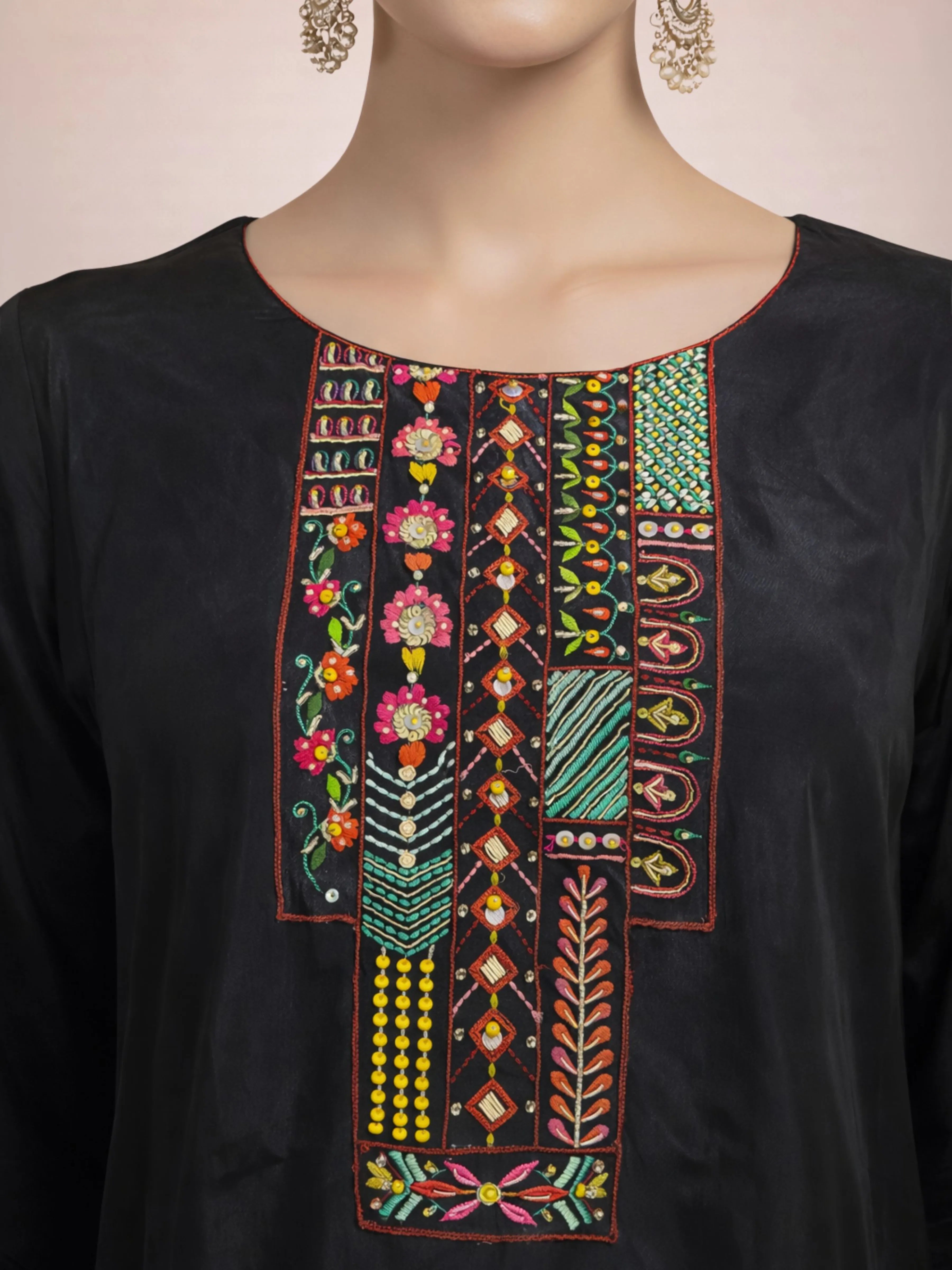 Black Asymmetrical Embroidered Kurti & Floral Palazzo Co-ord Set