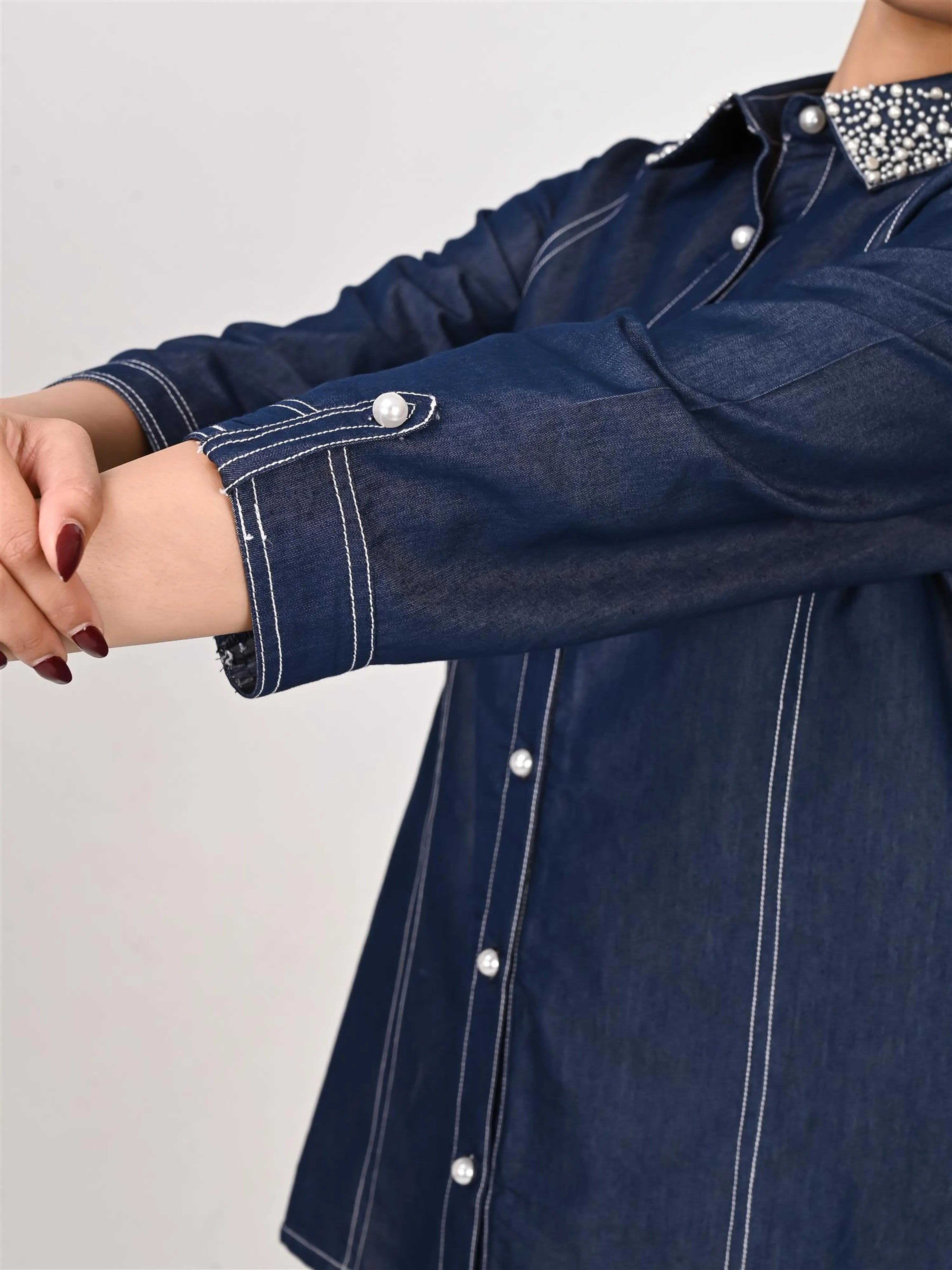 Dark Blue Pearl-Embellished Co-ord Set in Chambray