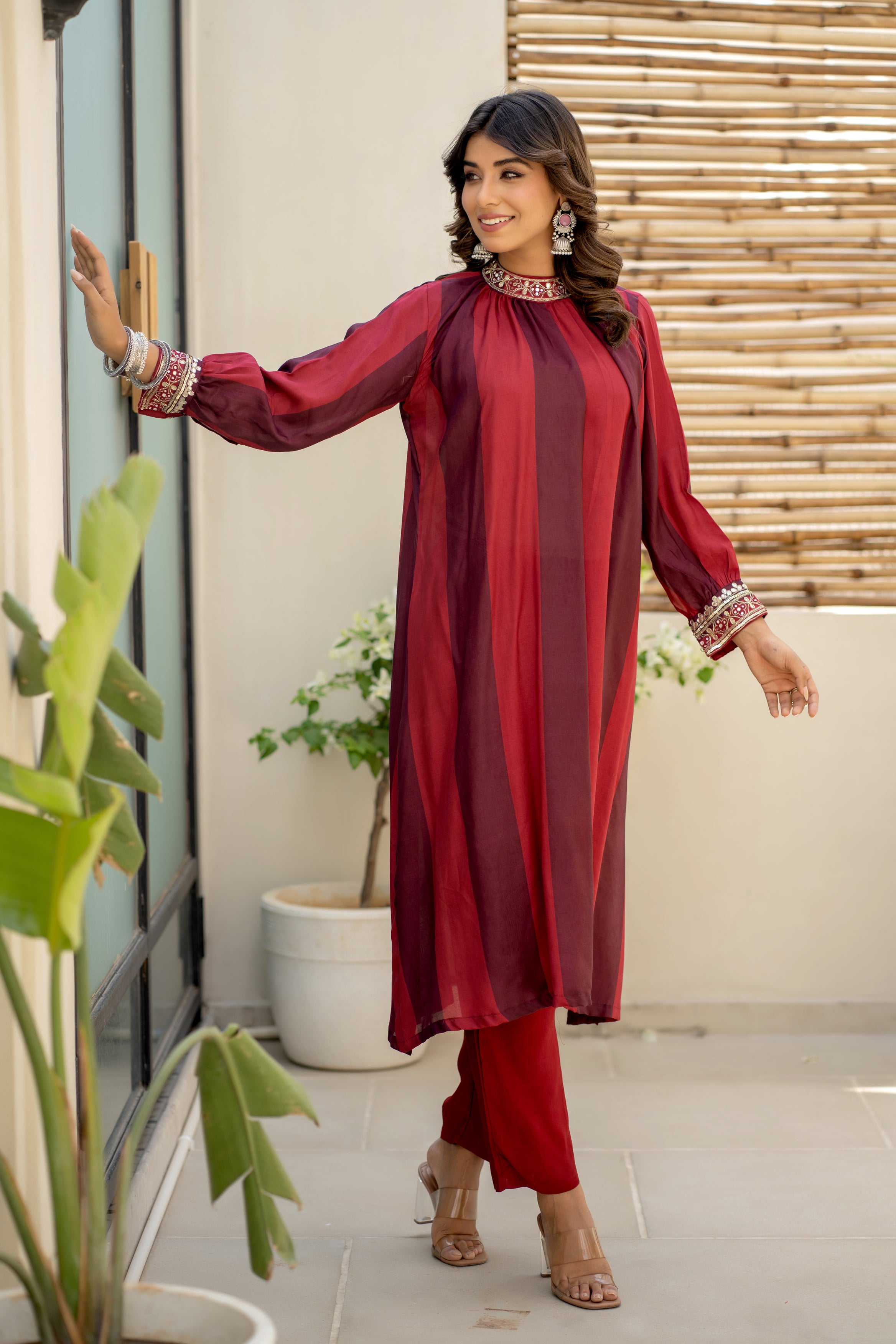 Red Sequence Work Muslin Kurta With Pant Set