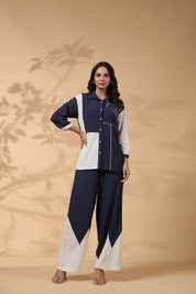 Navy Blue And White Motif Sequence Rayon Flex Co-ord Set